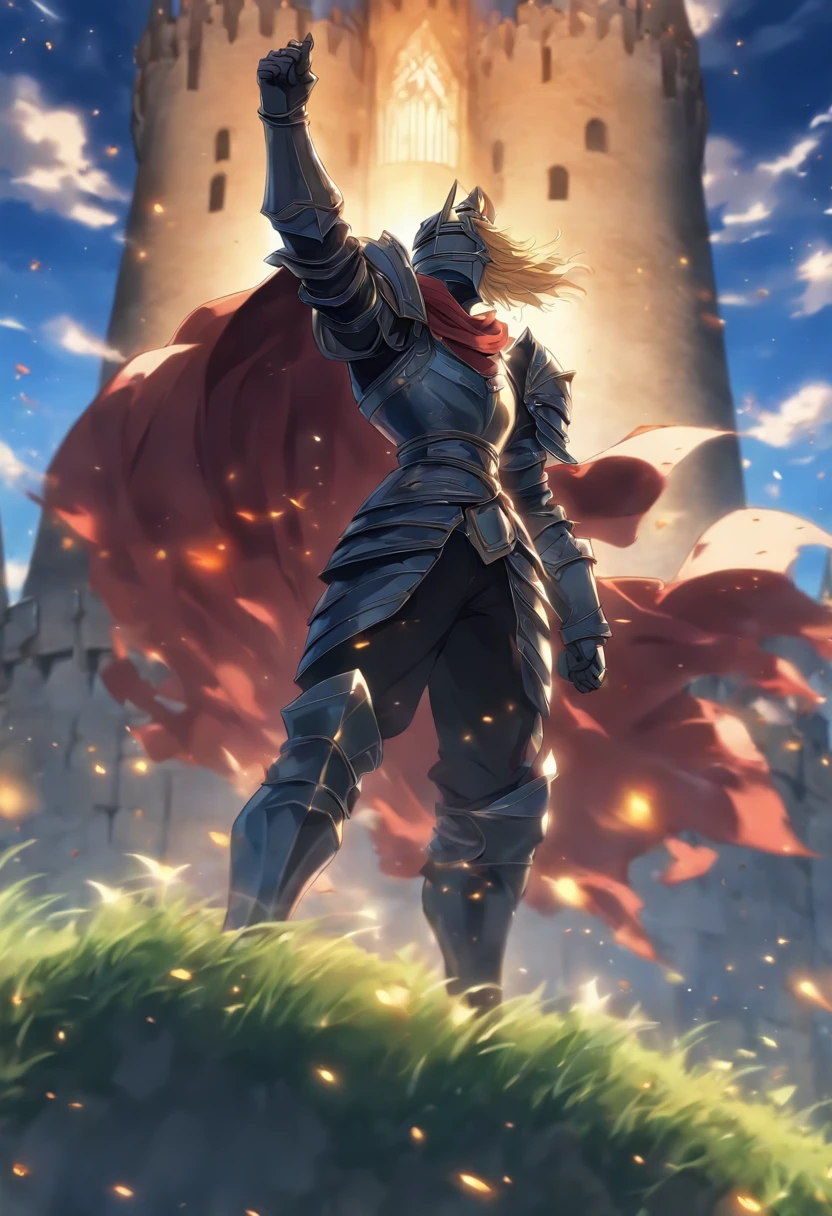 anime knight prince with cape doing a victory pose with his hand in the air, standing on a grassy hill in front of a castle