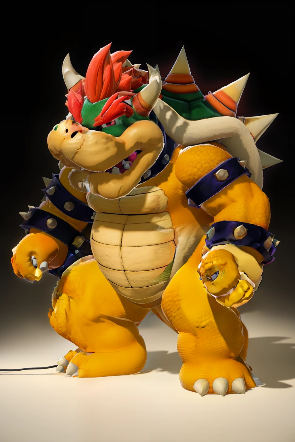 (best quality:1.2),ultra-detailed,(realistic:1.37),(vivid colors:1.1) Bowser standing, menacingly, in a dimly lit environment. The imposing figure of Bowser is beautifully rendered, with intricate details on his scales and spiky shell. His powerful and intense eyes are gleaming, while his sharp, fang-like teeth are finely textured. Bowser's claws are elaborately designed, reflecting light in a striking manner. The background is shrouded in shadows, creating an atmosphere of mystery and anticipation. The lighting accentuates Bowser's features, casting deep shadows and highlighting the contours of his muscular body. The color palette is rich and vibrant, with bold hues of red, orange, and black dominating the scene. The artwork is a true masterpiece, displaying the highest level of craftsmanship and skill.