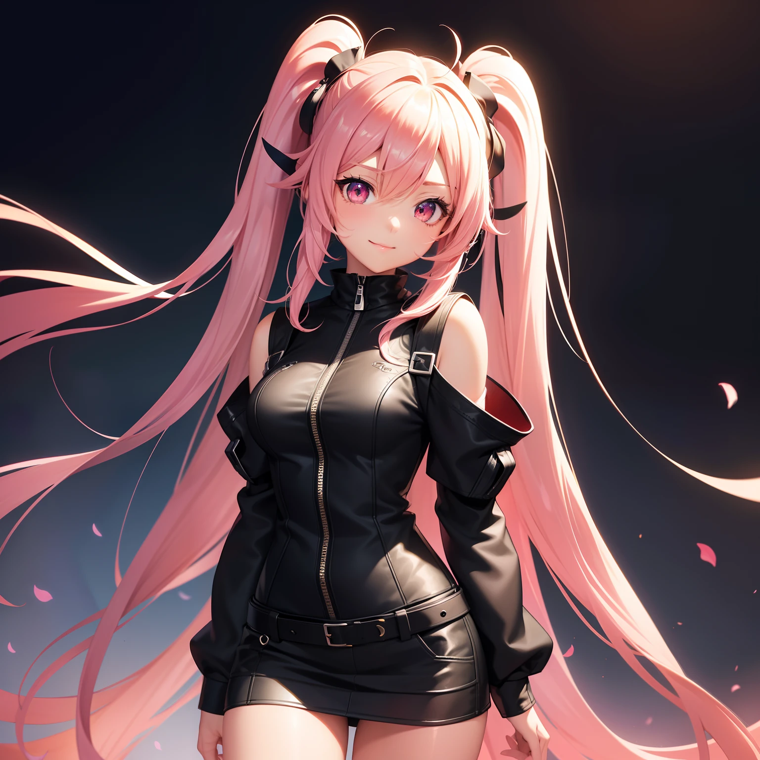 long hair with pink twin tails,,,、Black Skin Jean、Black miniskirt、full body Esbian、Cute smile、Urban streetscape、独奏、chee, Detailed Digital Anime Art, digital anime art, cute detailed digital art, anime fantasy illustration, Premium Digital Anime Art, digital art in anime style, Anime Style 4k, Beautiful Anime Portrait, digital anime illustration, 2.5D CGI anime fantasy artwork, anime art wallpaper 4k