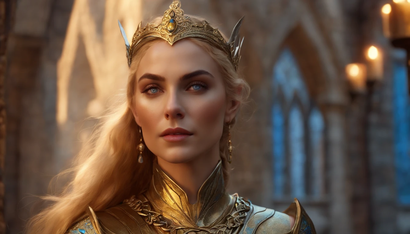 A tall and beautiful elf woman, with blue pupils, contempt in her eyes, a cold expression, a haughty posture, chest up, golden light armor all over her body, looking up camera, strolling through medieval streets.