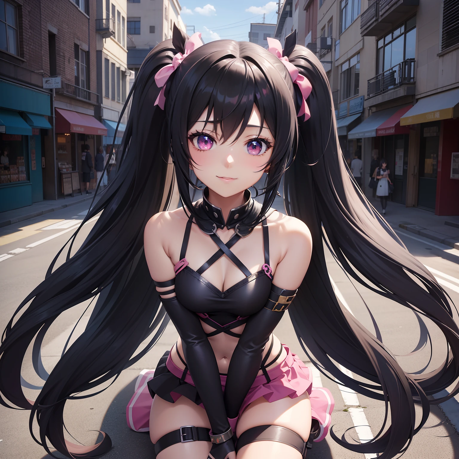 long hair with pink twin tails,,,、Black Skin Jean、Black miniskirt、full body Esbian、Cute smile、Urban streetscape、独奏、chee, Detailed Digital Anime Art, digital anime art, cute detailed digital art, anime fantasy illustration, Premium Digital Anime Art, digital art in anime style, Anime Style 4k, Beautiful Anime Portrait, digital anime illustration, 2.5D CGI anime fantasy artwork, anime art wallpaper 4k
