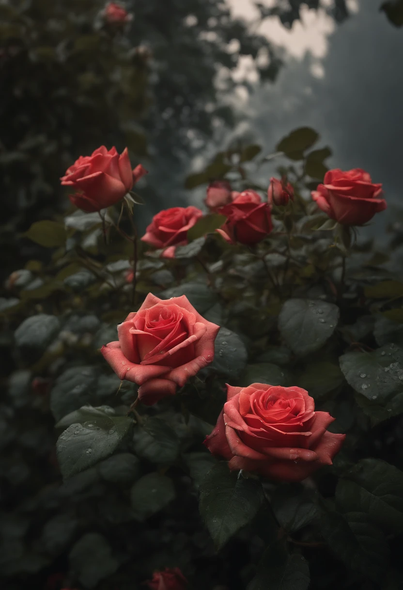 (best quality,4k,8k,highres,masterpiece:1.2),ultra-detailed,(realistic,photorealistic,photo-realistic:1.37),roses garden,black color, rain-washed,illustration,petals gently dripping water,fragrant blooming flowers,dark romantic atmosphere,moody lighting,vivid red and green colors,soft focus,delicate details,water droplets on leaves,fresh and wet appearance,dreamlike surrealistic environment,ethereal ambiance,beautiful detailed flowers,collapsed dark clouds,abundance of roses,peaceful and serene setting,heightened contrast,mesmerizing and mysterious beauty,unique and enchanting scene,captivating visual experience,hauntingly captivating art,atmospheric composition,breathtakingly realistic artwork,meticulously crafted masterpiece,immersive and evocative illustration,fantasy-like elements blended seamlessly,ethereal and magical garden ambiance