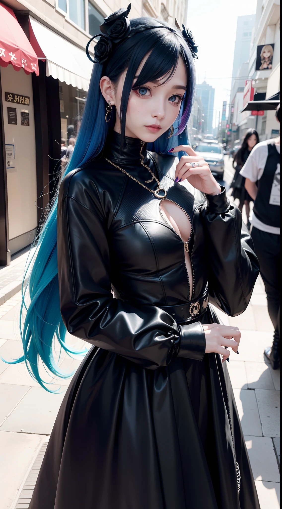 Full of tattoos、Futuristic and luxurious hair ornament、Colorful Hair Color、Street Goth ta Fashion、lightly dressed、Gentle smile、Very cool pose