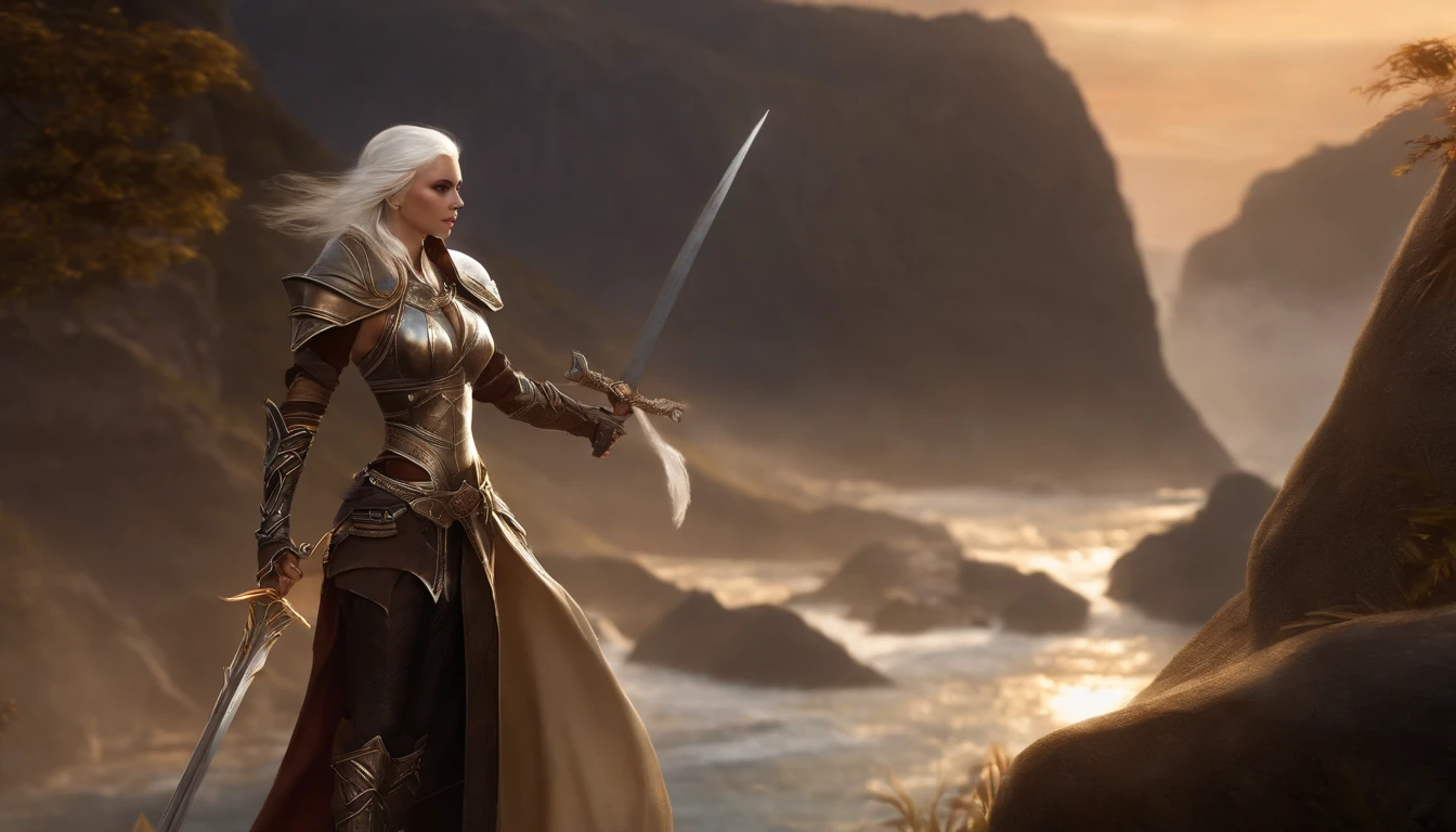 1 tall elf woman, with beautiful white hair, best quality, (beauty), narrow waist, thin, big eyes, long legs, (small breasts), swollen eyes, facing the cliff, late afternoon, (sunset), facing the viewer, fighting posture, (holding a sword and shield), a cold expression, gold and black armor all over her body.