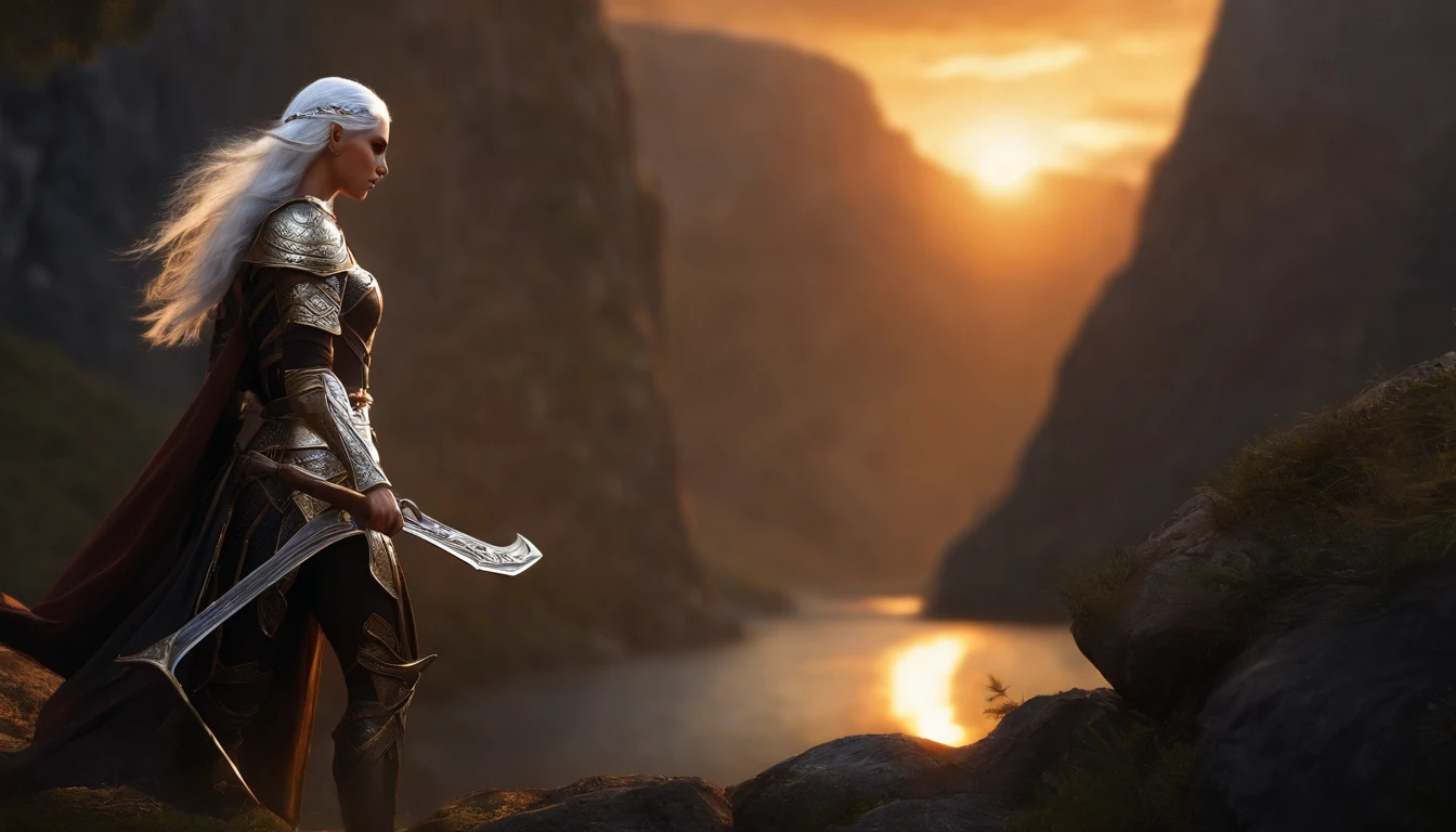 1 tall elf woman, with beautiful white hair, best quality, (beauty), narrow waist, thin, big eyes, long legs, (small breasts), swollen eyes, facing the cliff, late afternoon, (sunset), facing the viewer, fighting posture, (holding a sword and shield), a cold expression, gold and black armor all over her body.