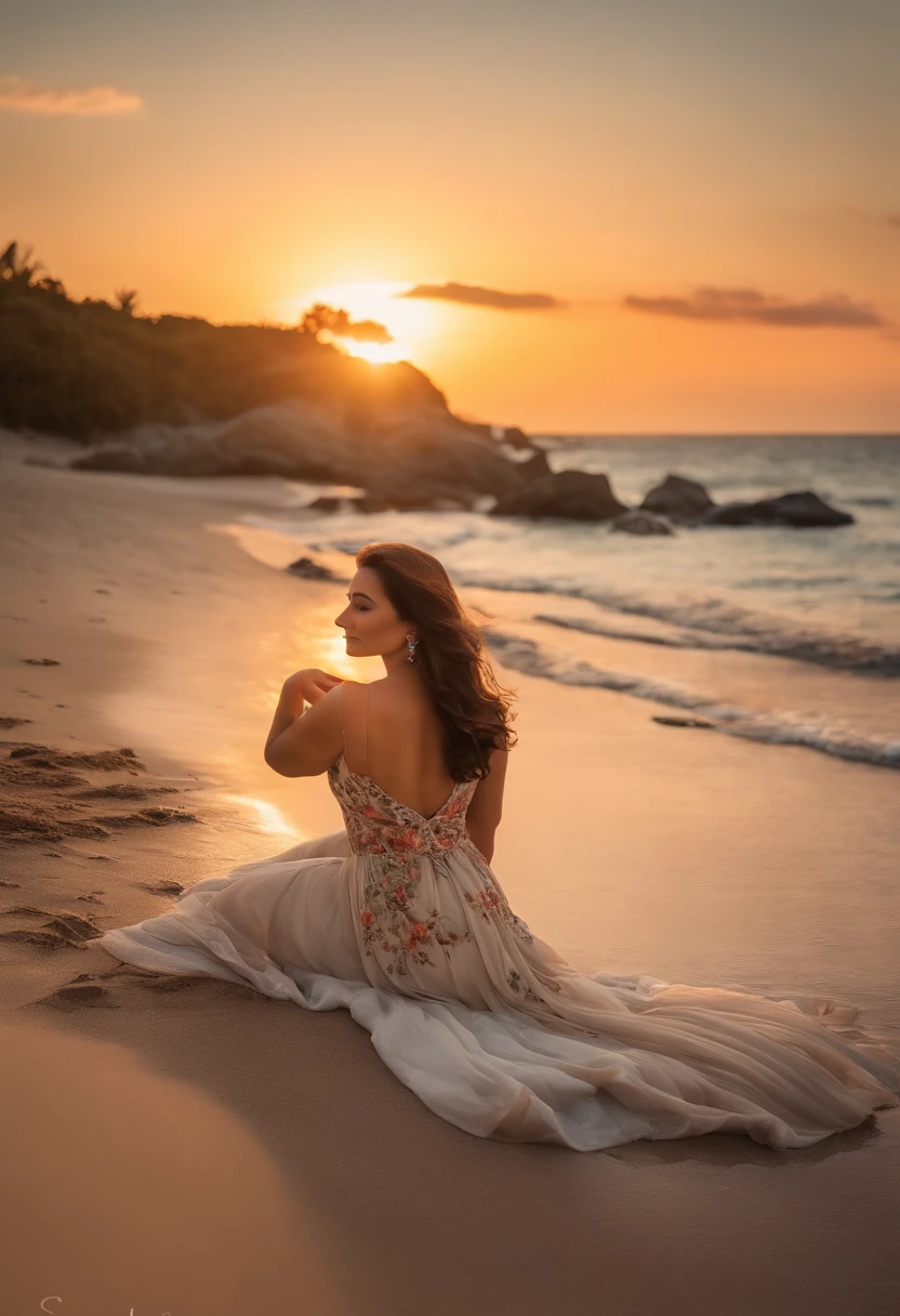 A mulher de 45 anos, of brown hair up to the shoulders, lies in a paradisiacal setting by the sea. She's wearing a flowing dress, com estampa floral, e desfruta da brisa suave enquanto caminha pela praia, feeling the soft sand beneath your feet. His calm expression reveals a mixture of serenity and contentment, while enjoying the beauty of the sunset reflected in the calm waters of the sea