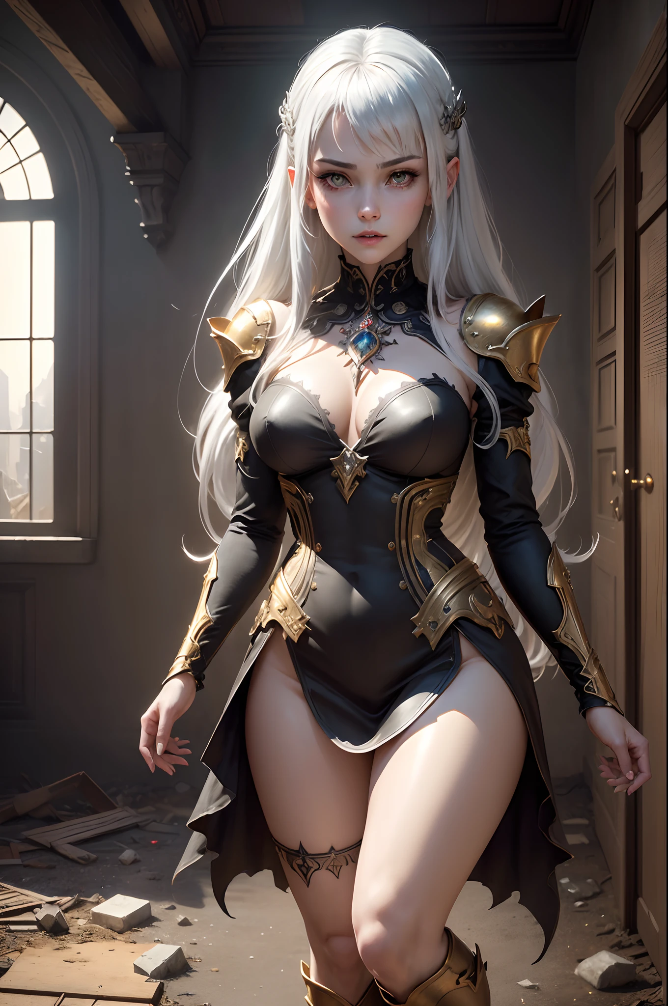 (extremely detailed CG unity 8k wallpaper), (masterpiece), (best quality:1.2), (highres), (illustration:1.1), (cinematic light:1.1), finely detailed, intricate details, (best illustration), 8k resolution, intricate details, best quality, realistic, ultra-detailed, best illumination, best shadow, ultra-HD, cryengine, ultra hd, (detailed reflection), detailed shadows, (((intricate details))), smooth, ((perfect shading)), high quality metal texture, metallic luster, highly detailed illustration, (semi realistic:1.6), (wide_shot:1.2), (from below, dutch_angle), dutch angle,(face to below knee:1.3), ((dark)), dark_fantasy, perfect fingers, hyper details, cutest, solo female, (silver white hair:1.2), absurdly long hair, asymmetrical bangs, (golden eyes:1.4), (finely_detailed_beautiful_eyes_and_detailed_face:1.4), (pale skin), , (vampire:1.3), (naked, over knee stocking), (choker), big breasts, thin legs, (fangs:1.2), (hold a glass of blood:1.2), laying on bed, pale skin, (full body:1.45), (inside of abandoned castle:1.3), (full moon), , dark atmosphere, complicated background, dynamic camera angle, blood rain behind, (warzone), (((high quality detailed ruins))), (depth of field), ((cinematic lighting)), ((horror)), ((dark fantasy)), lovecraftian, spot color, monotone, red,(best illumination), (hyper intricate details), ((ultra-detailed)), 4k unity, (extremely detailed CG:1.2), (8k:1.1), ((landscape view)), Artstation, ((by sui ishida, by Wenjun Lin, by stefan morrell)), dark fantasy art, ((semi-realistic)), (realism), (dynamic), (RFKTR_bontrex-150:0.5), (nixeu_basic2:0.5)
