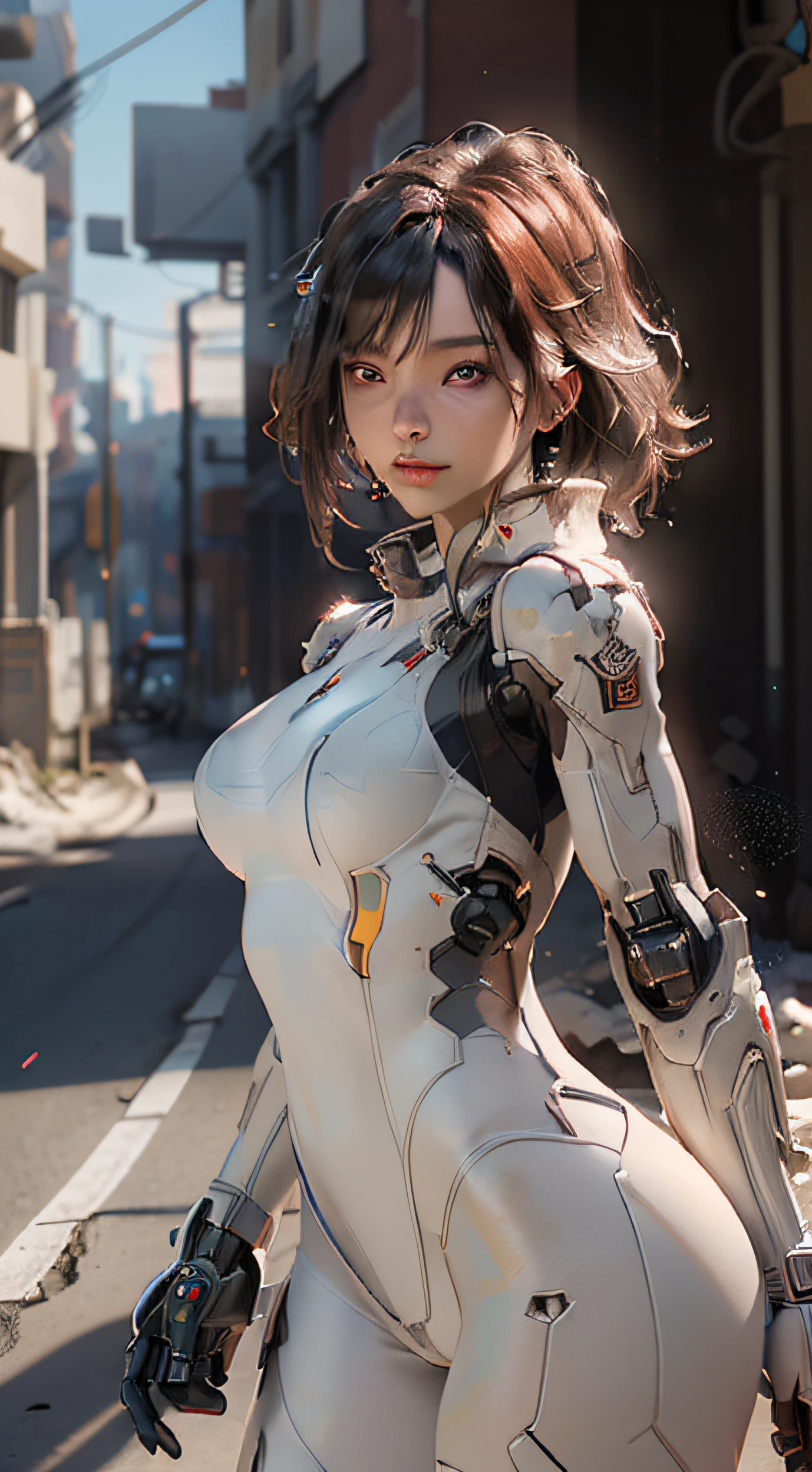 ((best quality)), ((masterpiece)), ((realistic)), (detailed), (photorealistic:1.5), a futuristic girl, (thick body), (white bodysuit), lights on armor, cybernetic headwear, looking at viewer, dynamic pose, post apocalyptic, destroyed city background, buildings on fire, science fiction, hdr, ray tracing, nvidia rtx, super-resolution, unreal 5, subsurface scattering, pbr texturing, post-processing, anisotropic filtering, depth of field, maximum clarity and sharpness, rule of thirds, 8k raw, (luminescent particles:1.4), (extremely detailed cg, unity 8k wallpaper, 3d, cinematic lighting, lens flare), reflections, sharp focus, cyberpunk art, cyberpunk architecture,