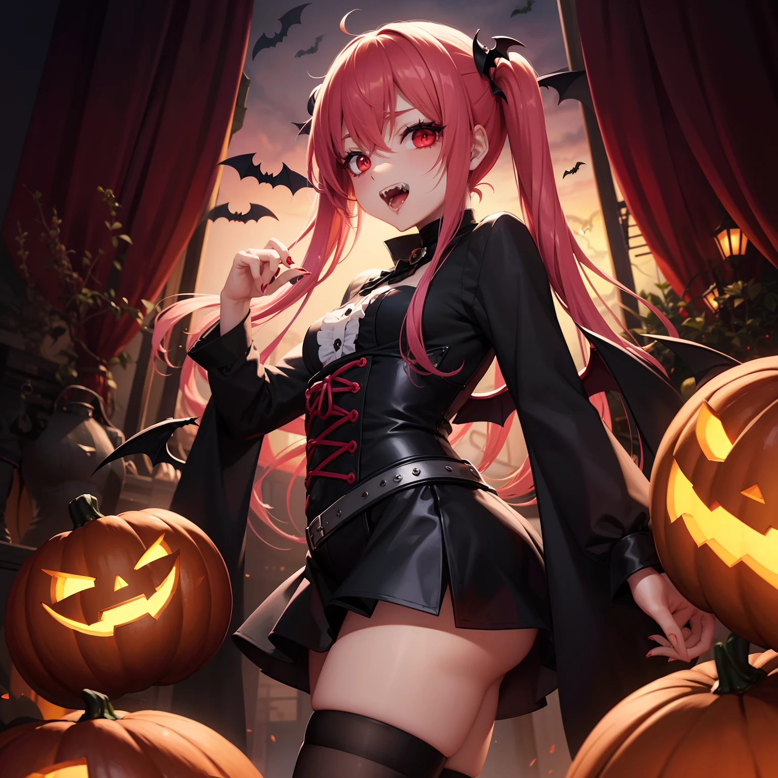 Halloween , Vampire、a cool、a miniskirt, long hair with pink twin tails,,,,,,,,,, Looking at the viewer, Front view,Halloween Vampire Costumes、Sharp fangs、Red Eyes、Blood from the mouth、the bats、Vampire House、Pumpkin Obake、Obake