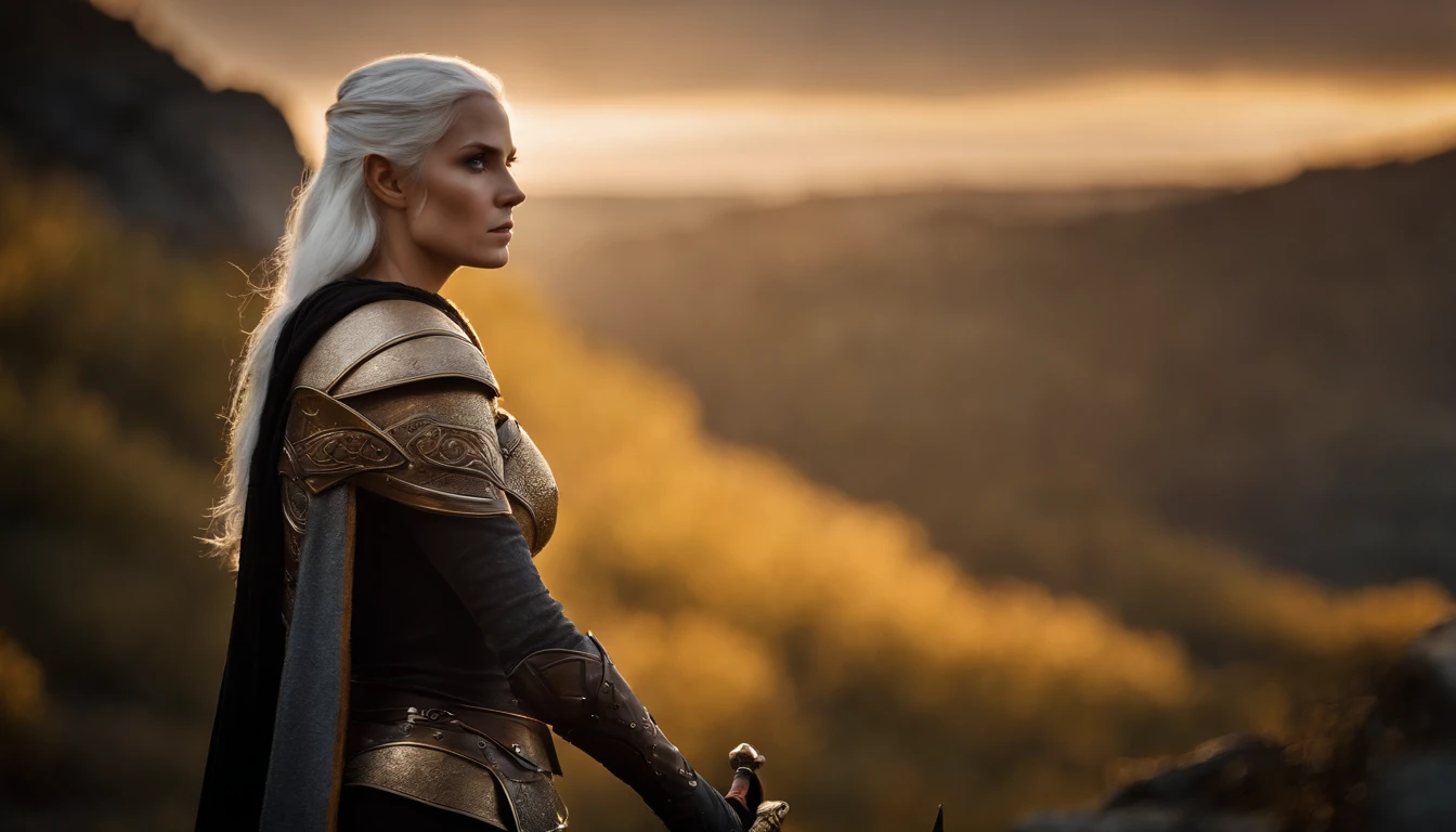 1 tall elf woman, with beautiful white hair, best quality, (beauty), narrow waist, thin, big eyes, long legs, (small breasts), swollen eyes, facing the cliff, late afternoon, (sunset), facing the viewer, fighting posture, (holding a sword and shield), a cold expression, gold and black armor all over her body.