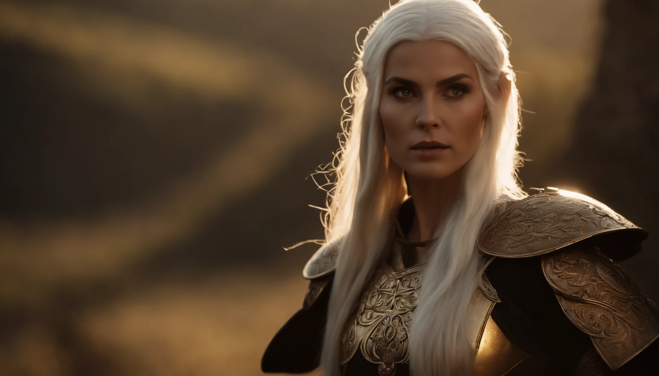 1 tall elf woman, with beautiful white hair, best quality, (beauty), narrow waist, thin, big eyes, long legs, (small breasts), swollen eyes, facing the cliff, late afternoon, (sunset), facing the viewer, fighting posture, (holding a sword and shield), a cold expression, gold and black armor all over her body.
