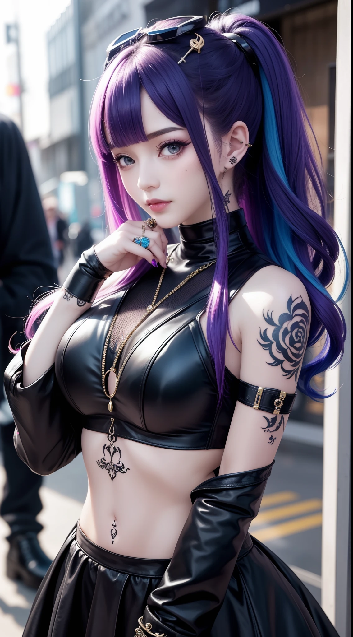 Full of tattoos、Futuristic and luxurious hair ornament、Colorful Hair Color、Street Goth Lolita Fashion、lightly dressed、Gentle smile、Very cool pose、cyberpunkcity