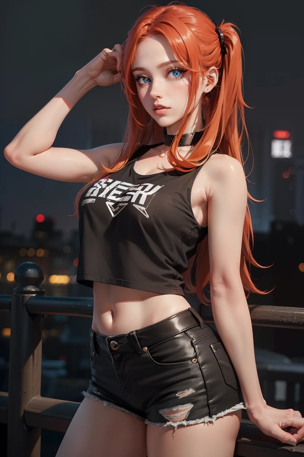 Redhead, blue eyes, black shorts, black t-shirt, pretty, ponytail, 21 years old, black gloves, sitting,