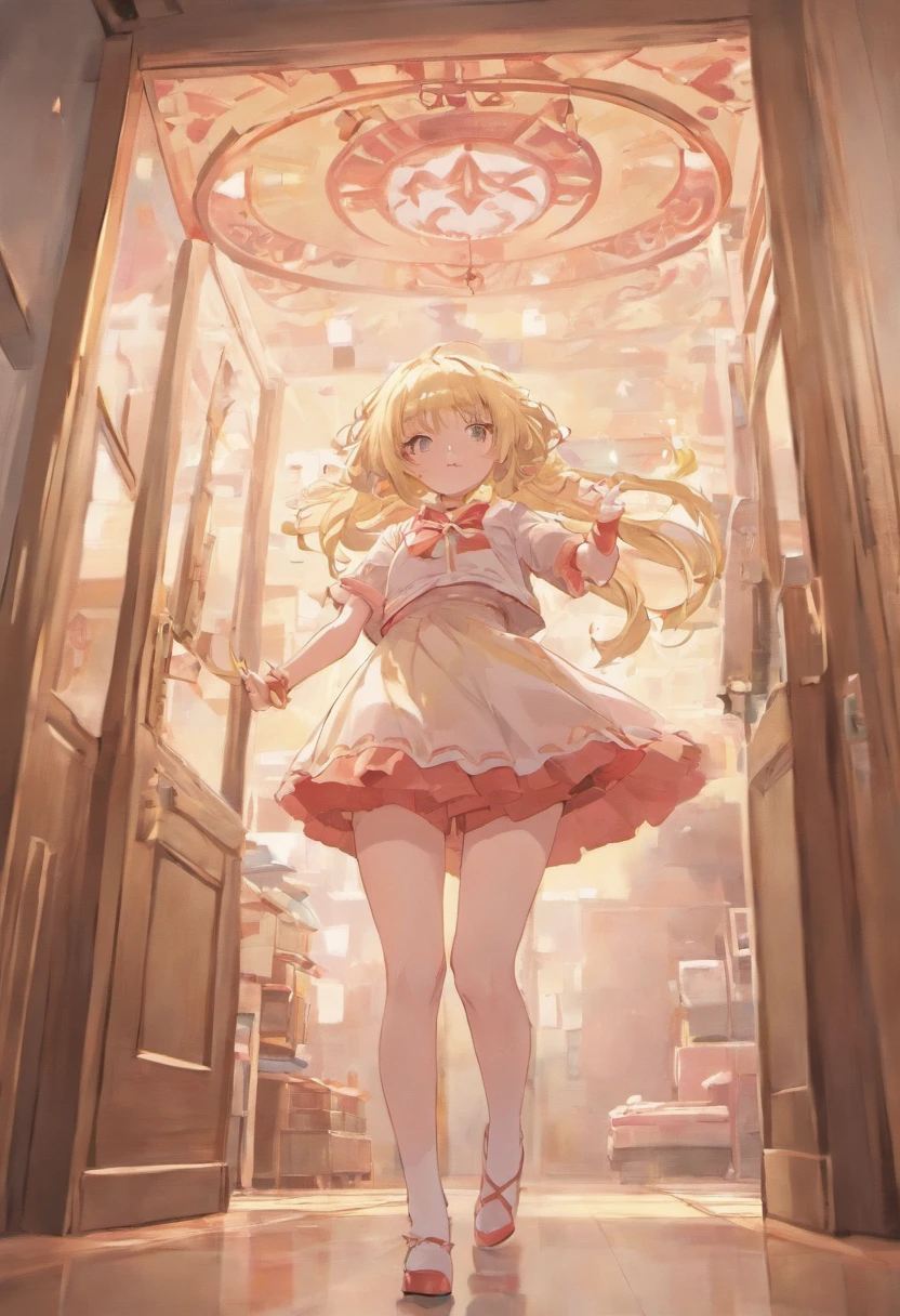 Cute loli，Barefoot，Tummy down，head looking up，Raise your feet，shift dresses，white  panties，largeeyes，Anime cute face，looking at book，Wet da
