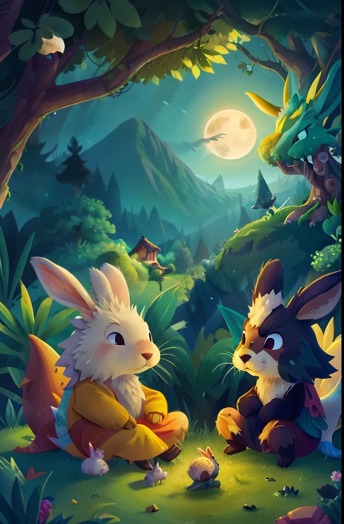 Floresta Encantada, The full moon rises behind the hills, Rabbits and hedgehogs sit and watch the moon and talk to a yellow dragon