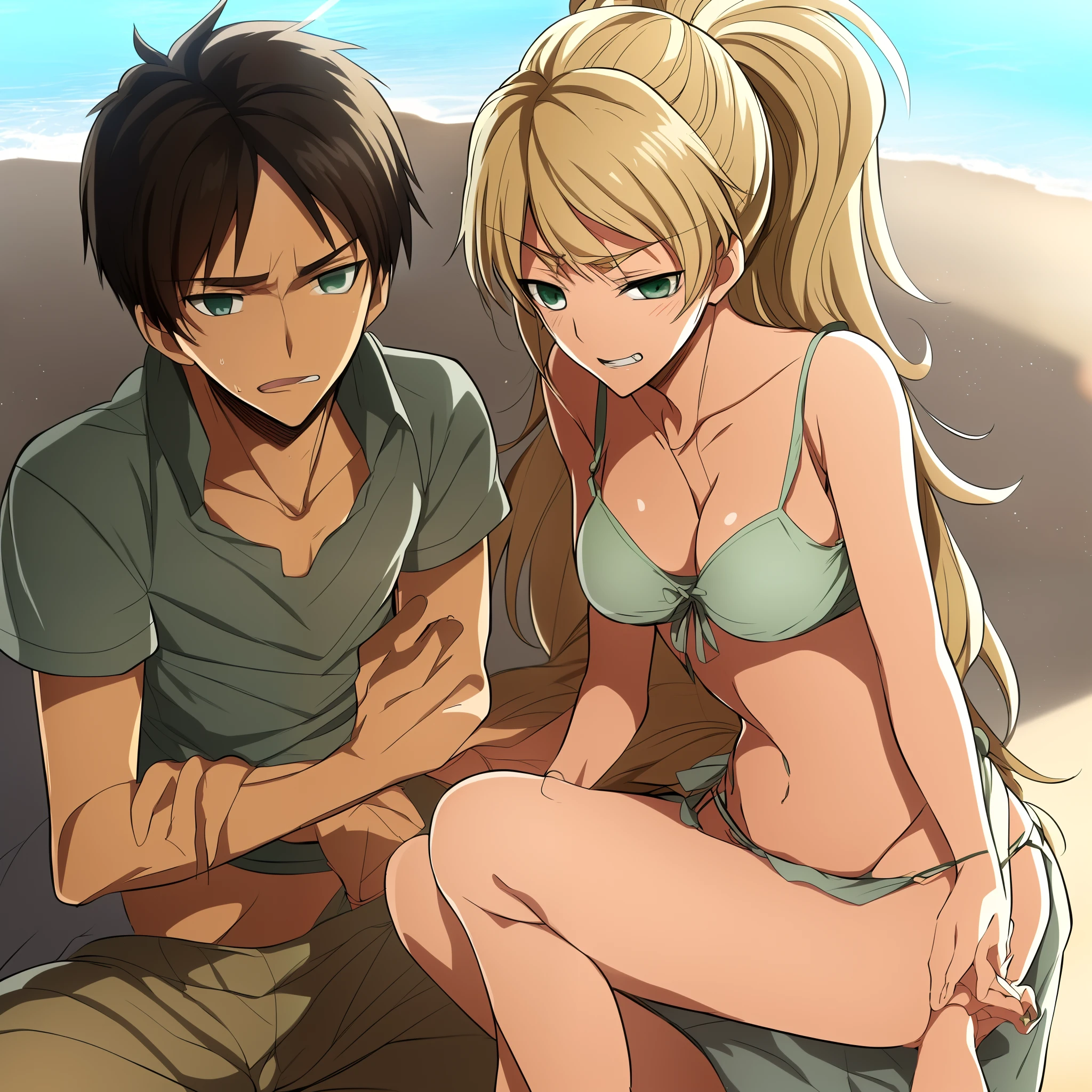 Alicetaria 1Fille, Alicetaria nue_chemise,Ouest_imprimer:,Eren Yeager, Eren and Alicetaria being an adorable couple very emotional in a beach, eren avec pantalon et pull, amour , content, French kiss kiss, happy, sitting smile