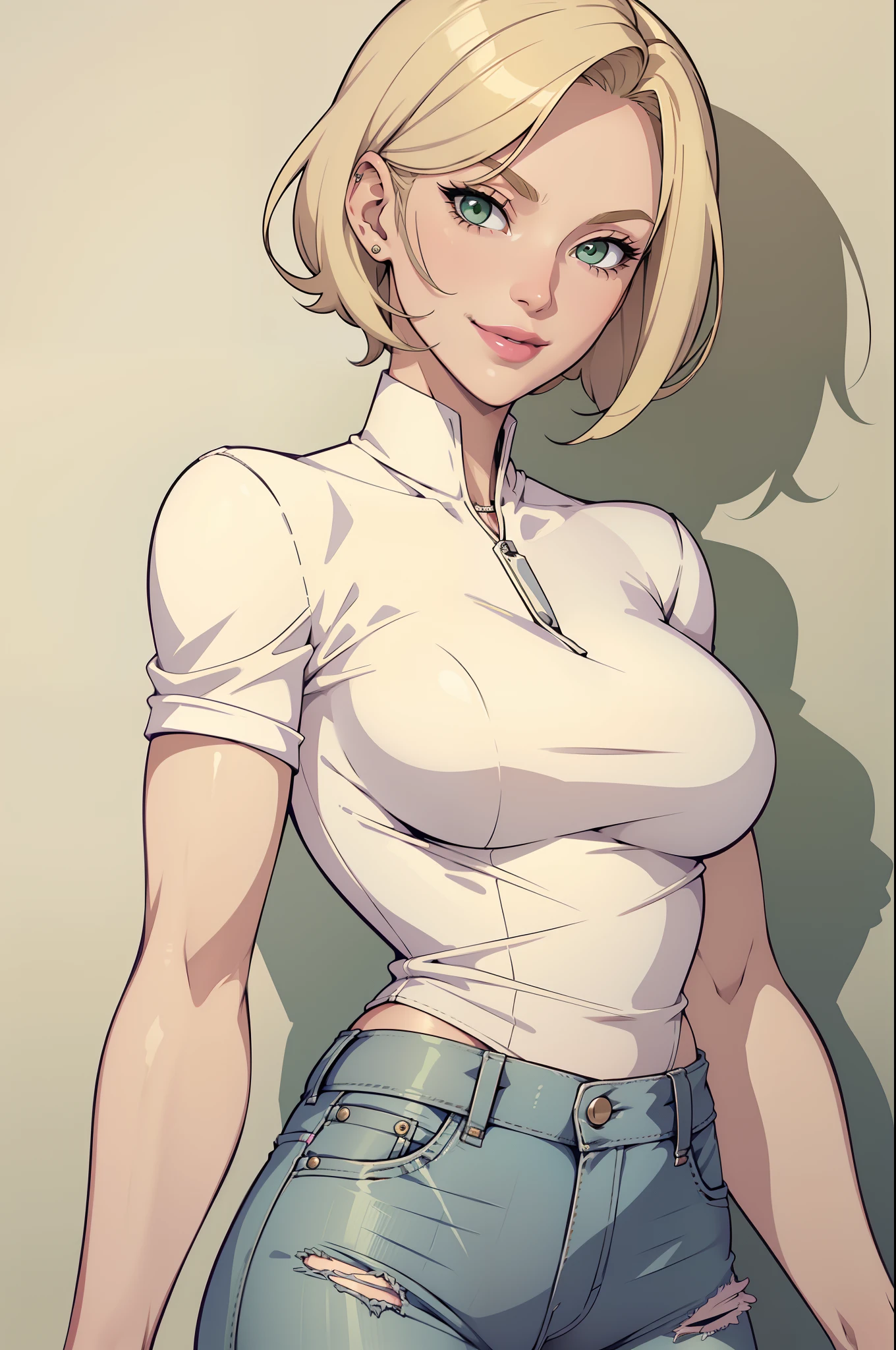 1womanl, , Short Hair Hair,elongated square, blond hair, green eyes, pink lipsticks, Smile, Standing, sharp outline, short sleeves, Mature female, 35 years old, Best Quality, masutepiece,white jacket with a neck,Grey jeans