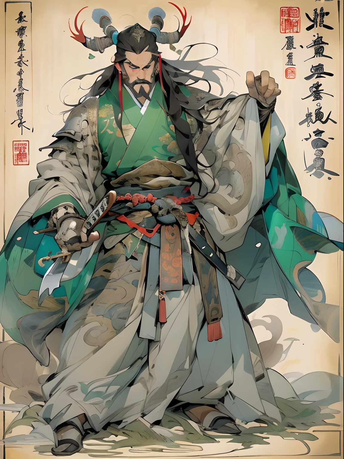 (((China-style，Ink painting method，Half-length portrait，Intense color，Han dynasty, China，Hanfu，Armor，Guan yu，Guan Yunchang，of a guy，Ruddy killing square face，Hold the Blue Dragon Moon Knife in his right hand，Stroke your beard with your left hand，Long hair，petty eyes，Green robe))), (((best qualityer))), (((tmasterpiece))), (((AS-Adult))), ((( Japanese ))), Look up from your knees, Handsome Asian samurai，perfect body figure, Modern samurai, ((( Asian))), Wear gloves on your hands，The left arm is made of steel and metal tips，Made of protective devices, The eyes are pulled, (( Appears below the chest )), (( Small dental floss )), Simon Bisley, Almost naked（Simon Bisley）Castle City Wilderness，For high-resolution posters, hair straight, Minimum clothing, armure (Crazy clothes ), Full of tips and rivets, tribal tattoos, (((full bodyesbian))), Straight brunette hair，Colored hair ends