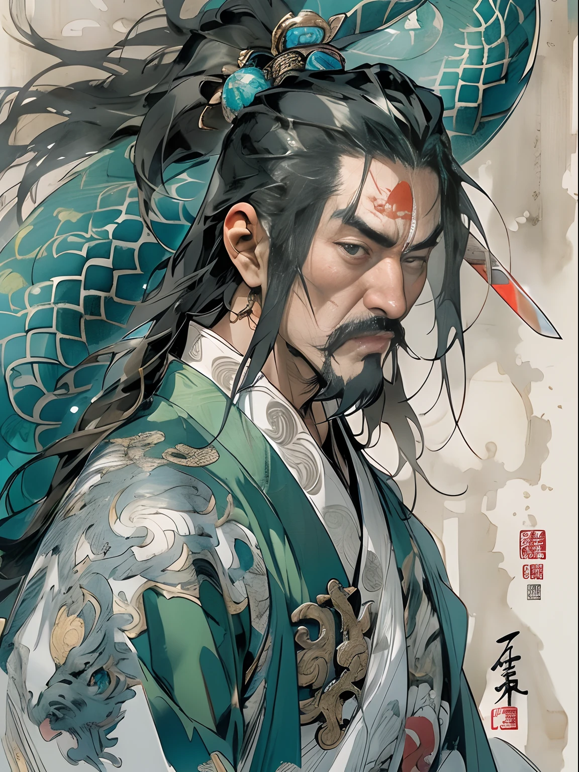 (((China-style,Ink painting method,Half-length portrait,Intense color,Han dynasty, China,Hanfu,Armor,Guan yu,Guan Yunchang,of a guy,Ruddy killing square face,Hold the Blue Dragon Moon Knife in his right hand,Stroke your beard with your left hand,Long hair,petty eyes,Green robe))), (((best qualityer))), (((tmasterpiece))), (((AS-Adult))), ((( Japanese ))), Look up from your knees, Handsome Asian samurai,perfect body figure, Modern samurai, ((( Asian))), Wear gloves on your hands,The left arm is made of steel and metal tips,Made of protective devices, The eyes are pulled, (( Appears below the chest )), (( Small dental floss )), Simon Bisley, Almost naked(Simon Bisley)Castle City Wilderness,For high-resolution posters, hair straight, Minimum clothing, armure (Crazy clothes ), Full of tips and rivets, tribal tattoos, (((full bodyesbian))), Straight brunette hair,Colored hair ends