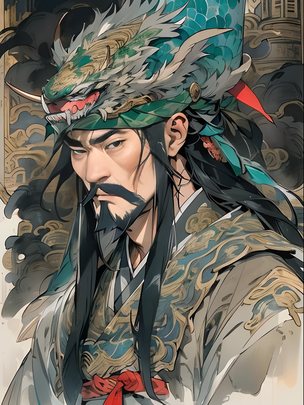 (((China-style,Ink painting method,Half-length portrait,Intense color,Han dynasty, China,Hanfu,Armor,Guan yu,Guan Yunchang,of a guy,Ruddy killing square face,Hold the Blue Dragon Moon Knife in his right hand,Stroke your beard with your left hand,Long hair,petty eyes,Green robe))), (((best qualityer))), (((tmasterpiece))), (((AS-Adult))), ((( Japanese ))), Look up from your knees, Handsome Asian samurai,perfect body figure, Modern samurai, ((( Asian))), Wear gloves on your hands,The left arm is made of steel and metal tips,Made of protective devices, The eyes are pulled, (( Appears below the chest )), (( Small dental floss )), Simon Bisley, Almost naked(Simon Bisley)Castle City Wilderness,For high-resolution posters, hair straight, Minimum clothing, armure (Crazy clothes ), Full of tips and rivets, tribal tattoos, (((full bodyesbian))), Straight brunette hair,Colored hair ends