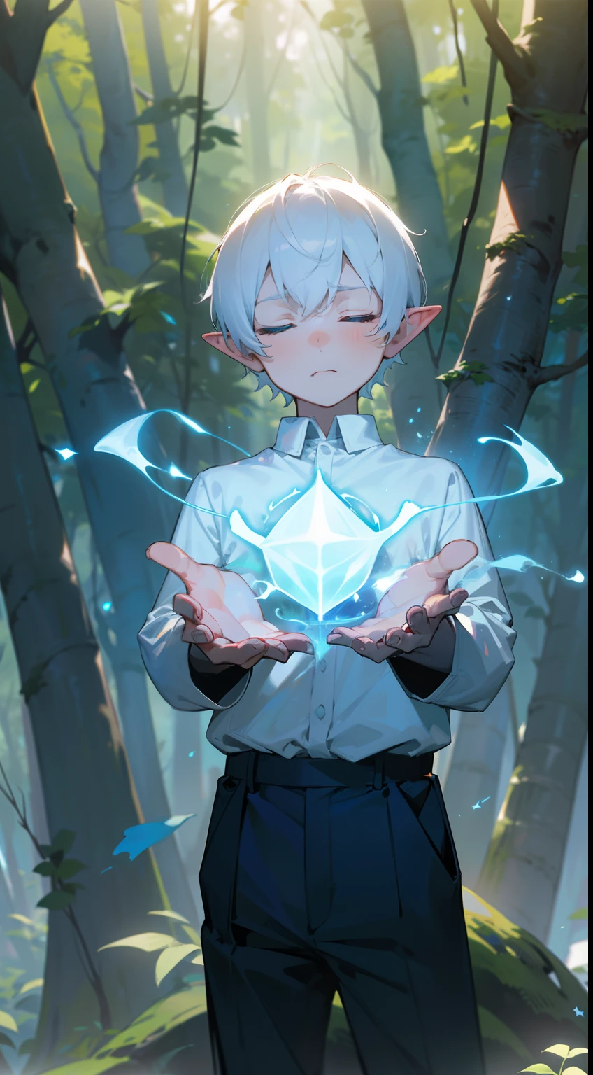 1boy,solo,white shirt,(black pants),Short hair,white hair,closed eyes,elve ear,serious face,(((standing in a forest))),(((casting magic blue,hidden hands))),masterpiece,hd,4k