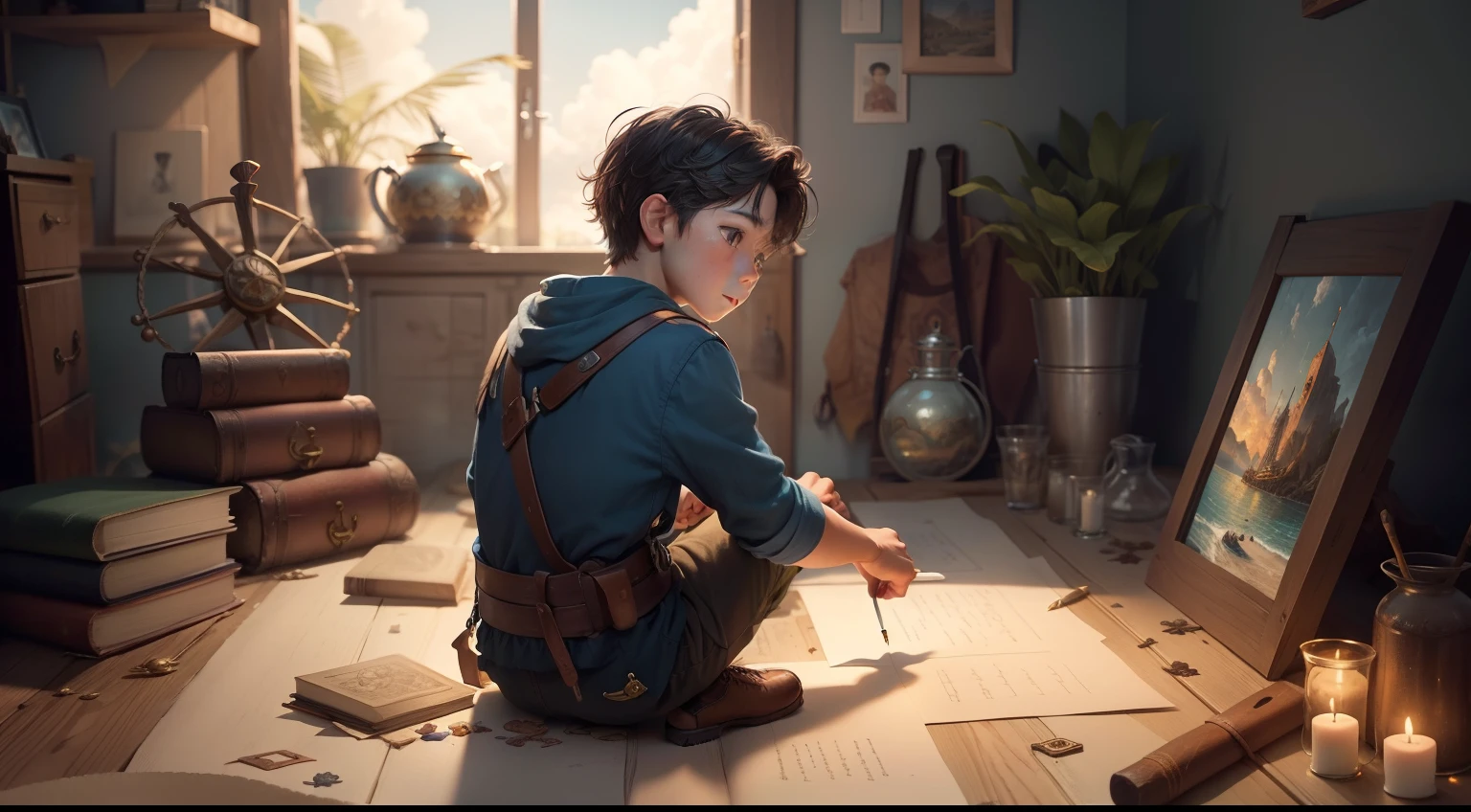 Draw up a scene that shows the 30 years boy remembering the memories of his journey. Elements of the adventures he lived on Treasure Island of Imagination should surround him, creating a tapestry of colorful memories that surround him as he reflects on his journey