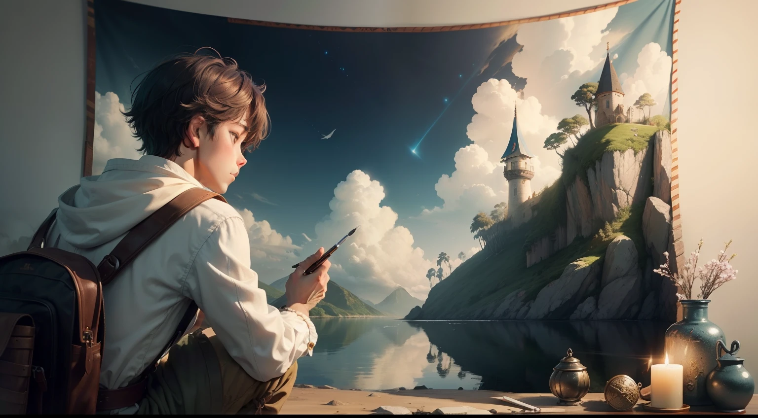 Draw up a scene that shows the 30 years boy remembering the memories of his journey. Elements of the adventures he lived on Treasure Island of Imagination should surround him, creating a tapestry of colorful memories that surround him as he reflects on his journey