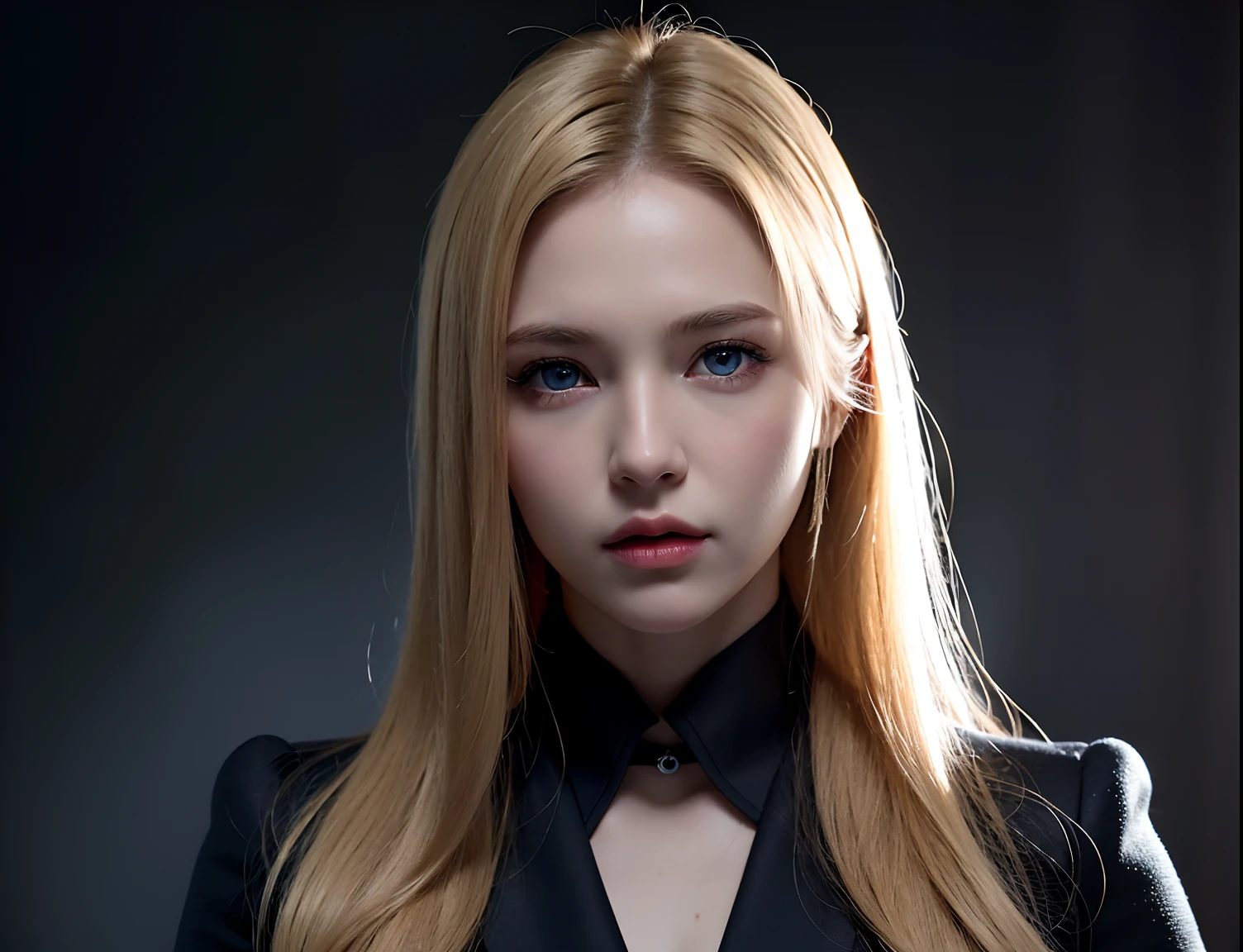 Best quality, masterpiece, ultra high res, (photorealistic:1.4), raw photo, 1girl, blonde hair, blue eyes,  detailed eyes and face, black suit, dynamic lighting, in the dark, deep shadow, low key, cowboy shot full-lenght body