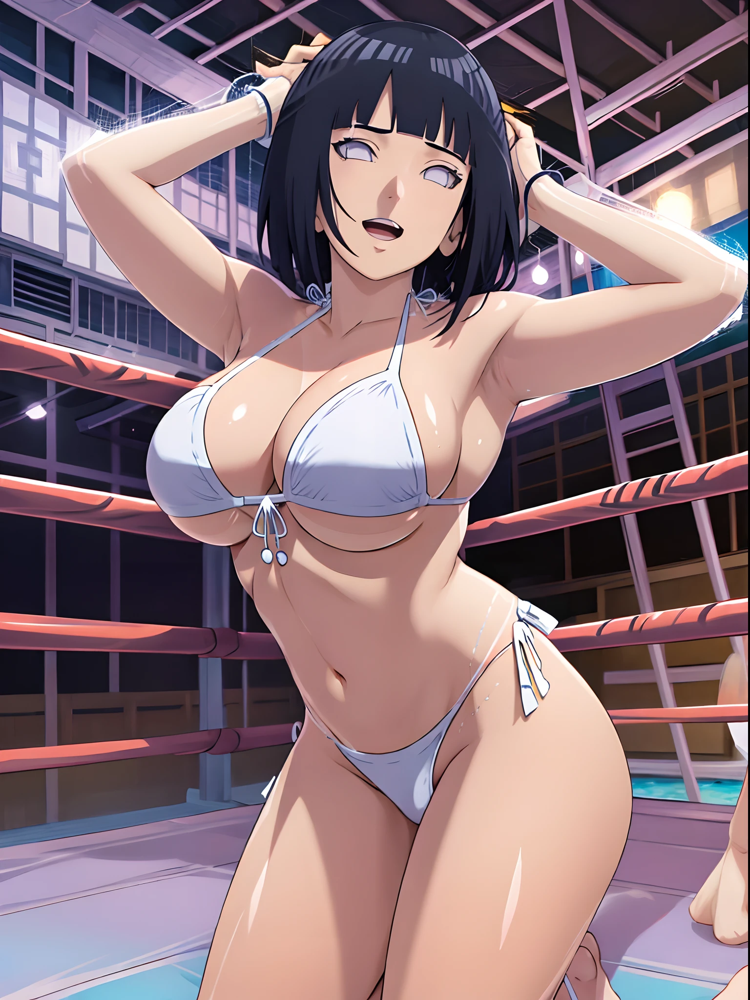 (WALLPAPER, (hinata\(boruto\), (((1 girl, ((((white bikini)))), , )), masterpiece, 4k, vector coloring, fully body view, ( location: in wrestling ring with crowd watching)), (high color saturation), contrast lighting, mature female, (curvy:0.8), solo, anime style, sharp focus, professional artwork, intricate details, colorful, vibrant colors, vivid colors, digital blending, ultra detailed body, ultra detail hair, ultra detail face, trending on pixiv, very hot colors, ((())), detailed bold arm lines, high color saturation, bold lines, bold drawing lines), (head tilt), open mouth, happy),
((dark blue hair color:1.1), wavy hair, ((short hair, hime cut)),
(white skin, (fair skin), slender body, milf, perfect face),
(legs, big breasts, off-shoulders, (detailed shoulders, detailed arm lines)),