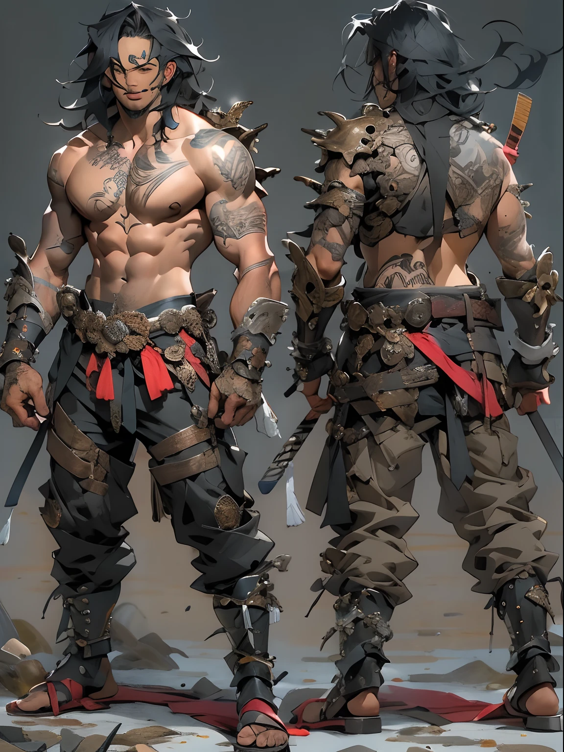 (((mtu))), (((best qualityer))), (((tmasterpiece))), (((AS-Adult))), ((( Japanese ))), Look up from your knees, Handsome Asian samurai,perfect body figure, Modern samurai, ((( Asian))), Wear gloves on your hands,The left arm is made of steel and metal tips,Made of protective devices, The eyes are pulled, (( Appears below the chest )), (( Small dental floss )), Simon Bisley, Almost naked(Simon Bisley)Castle City Wilderness,For high-resolution posters, hair straight, Minimum clothing, armure (Crazy clothes ), Full of tips and rivets, tribal tattoos, (((full bodyesbian))), Straight brunette hair,Colored hair ends