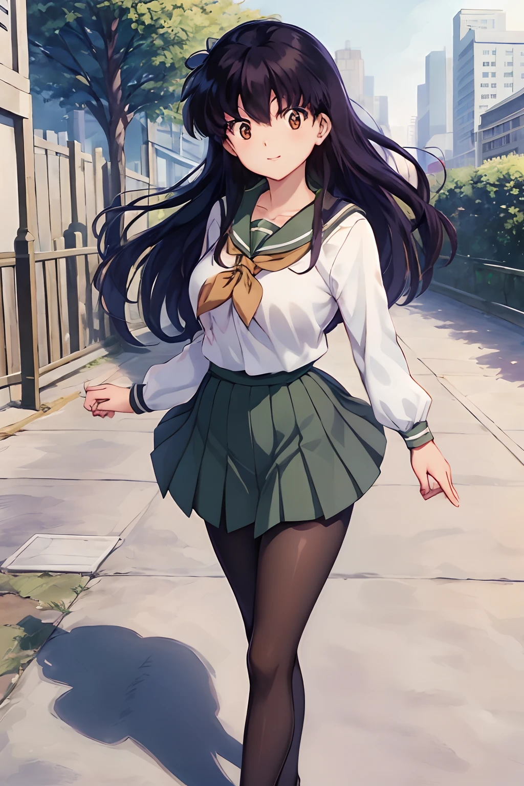 巨作, (Best Quality), 1Woman,1girl  Kagome Higurashi, brown eyes, full body, photorealistic, (hyperrealistic:1.2), perfect eyes, perfect face, perfect lighting, outdoors, green colors, city, school uniform,pantyhose green, happy, , walking,, smile,