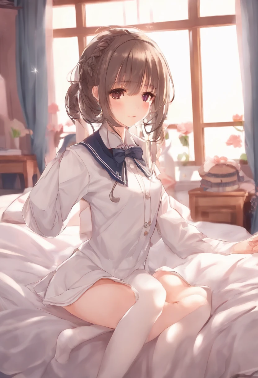 Wearing a cosplay uniform,Female high school student wearing white stockings in Japanese bedroom,Do cute movements,There was also a mirror in front of her