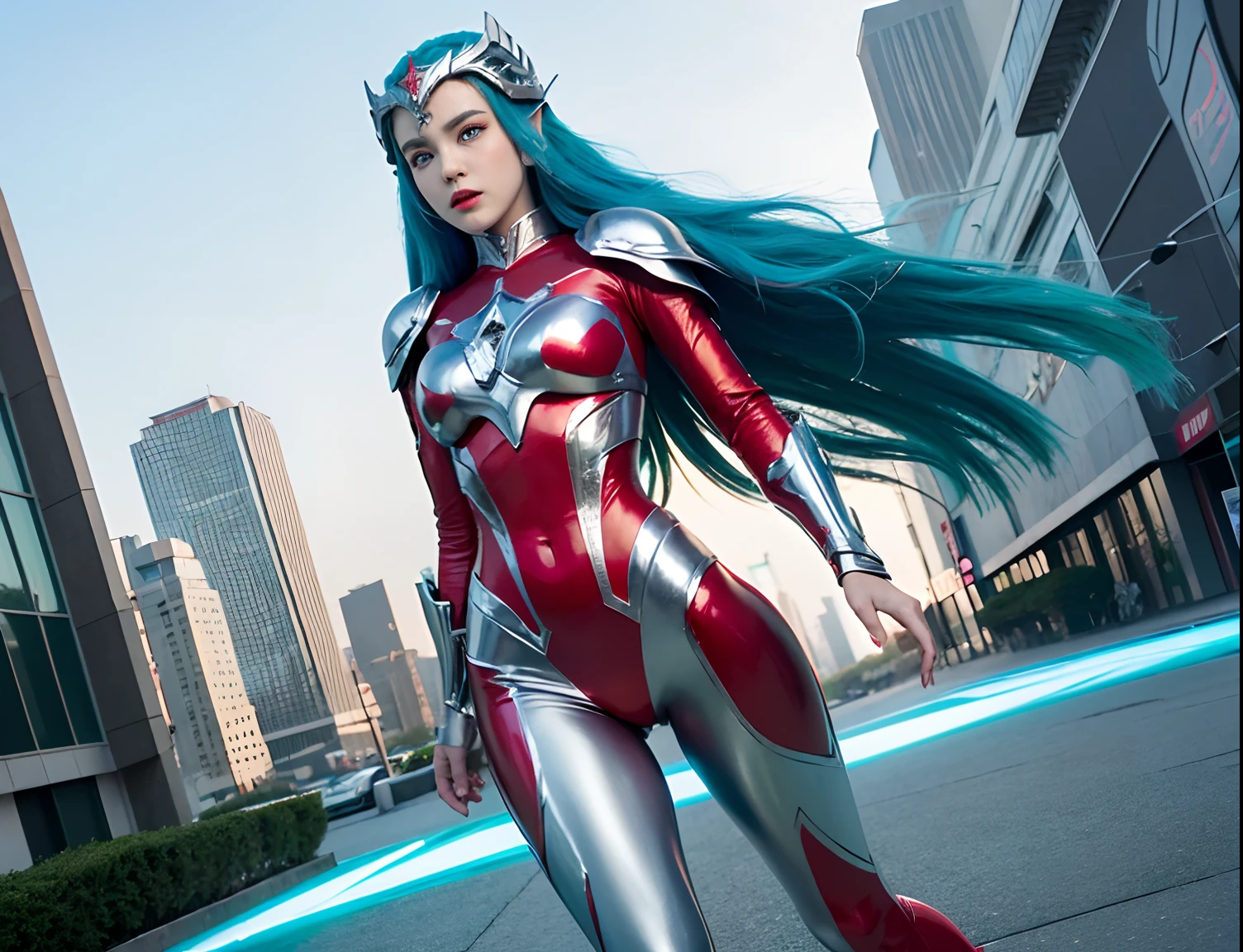 A giant, beautiful Japanese female superhero destroying a city, she has long light blue hair, a gray and orange superhero suit, giantess, giantess destruction, giantess art, giantess shot, giant woman, 4kHD, hyper realistic, hyperrealism, real person, fit body type, extreme detail, more body detail, fix hands