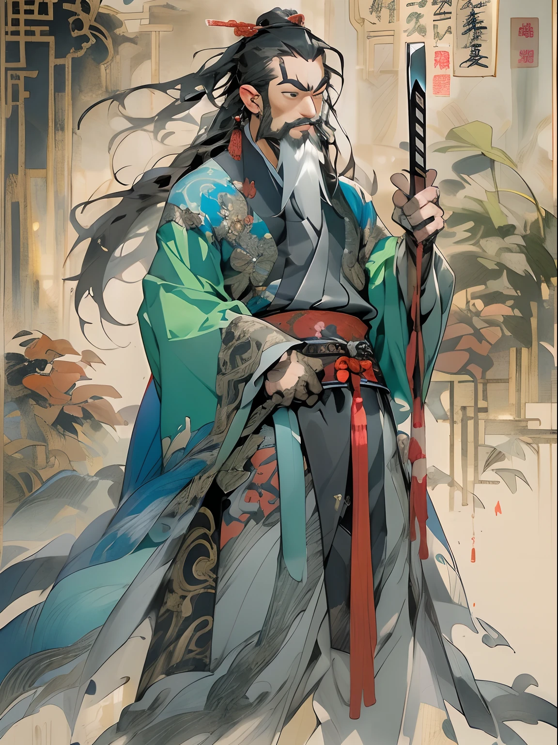 (((China-style，Ink painting method，Half-length portrait，Intense color，Han dynasty, China，Hanfu，Armor，Guan yu，Guan Yunchang，of a guy，Ruddy killing square face，Hold the Blue Dragon Moon Knife in his right hand，Stroke your beard with your left hand，Long hair，petty eyes，Green robe))), (((best qualityer))), (((tmasterpiece))), (((AS-Adult))), ((( Japanese ))), Look up from your knees, Handsome Asian samurai，perfect body figure, Modern samurai, ((( Asian))), Wear gloves on your hands，The left arm is made of steel and metal tips，Made of protective devices, The eyes are pulled, (( Appears below the chest )), (( Small dental floss )), Simon Bisley, Almost naked（Simon Bisley）Castle City Wilderness，For high-resolution posters, hair straight, Minimum clothing, armure (Crazy clothes ), Full of tips and rivets, tribal tattoos, (((full bodyesbian))), Straight brunette hair，Colored hair ends