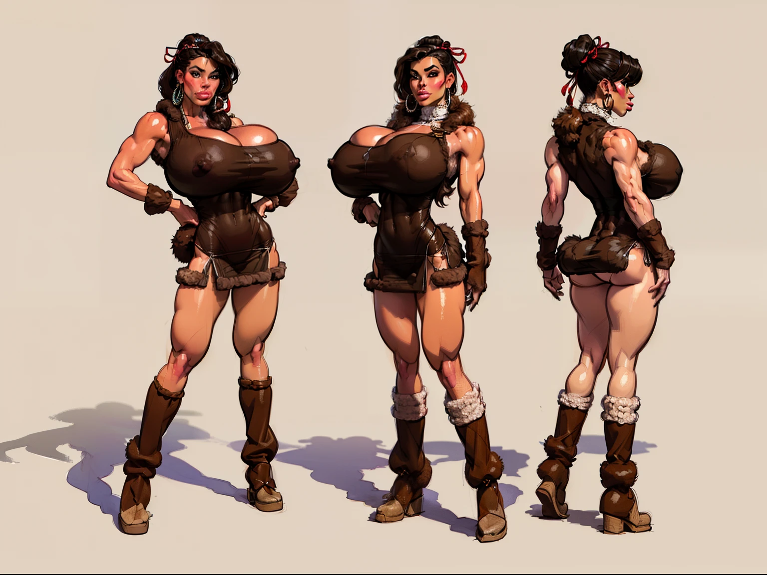 ((masterpiece)),(((best quality))),((character design sheet)), ((full body view)) ((native american girl)) mature face, defined cheekbones, high cheekbones, illustration, native girl, muscular, ((buckskins:1.4)), sexy bimbo, (gigantic breasts:1.7) black hair, ((detailed face:1.4)) beautiful woman, (Fringe clothing:1.4), (thick fur leg warmers:1.6), (beaded moccasins:1.4) (ribbon dresses:1.3) , shiny skin, scribbles and marks,(puffy lips:1.4) , rough sketches, pose, 8k,16k, (simple background, white background: 1.3) beige color palette, brown legs, brown arms, brown face