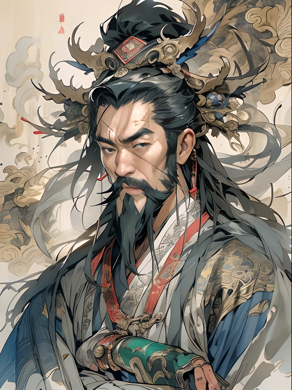 (((China-style，Ink painting method，Half-length portrait，Intense color，Han dynasty, China，Hanfu，Armor，Guan yu，Guan Yunchang，of a guy，Ruddy killing square face，Hold the Blue Dragon Moon Knife in his right hand，Stroke your beard with your left hand，Long hair，petty eyes，Green robe))), (((best qualityer))), (((tmasterpiece))), (((AS-Adult))), ((( Japanese ))), Look up from your knees, Handsome Asian samurai，perfect body figure, Modern samurai, ((( Asian))), Wear gloves on your hands，The left arm is made of steel and metal tips，Made of protective devices, The eyes are pulled, (( Appears below the chest )), (( Small dental floss )), Simon Bisley, Almost naked（Simon Bisley）Castle City Wilderness，For high-resolution posters, hair straight, Minimum clothing, armure (Crazy clothes ), Full of tips and rivets, tribal tattoos, (((full bodyesbian))), Straight brunette hair，Colored hair ends