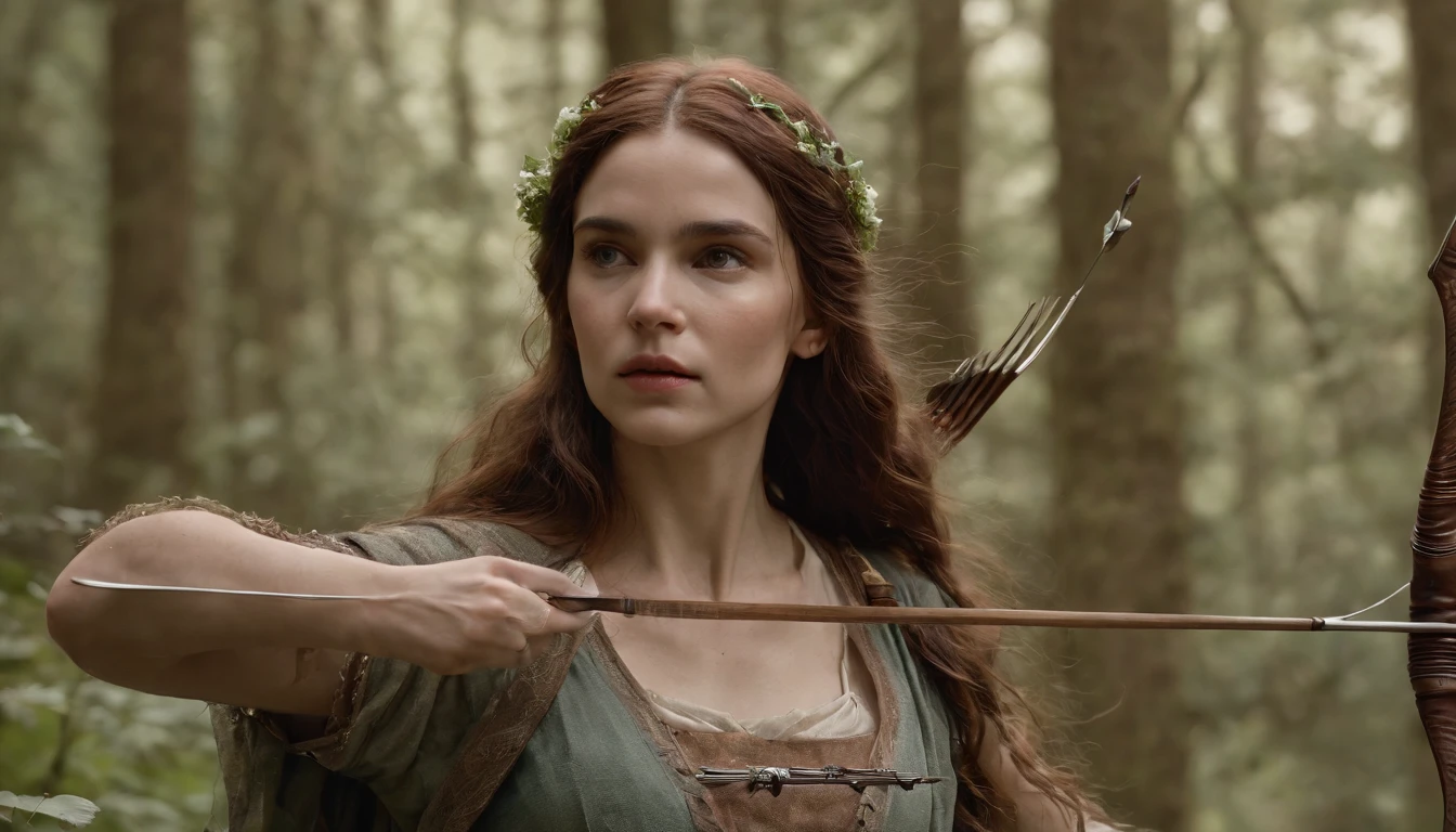 Mulher elfa, roupas verdes, with bow and arrow in hand, full body standing on a forest, Riacho, Fundo da floresta muito iluminado com muitas flores e folhas, com folhas de cerejeiras caindo, Minimalista, inacabado, arte conceitual, por Brian Froud e Carne Griffiths e Wadim Kashin e John William Waterhouse, detalhes intrincados, 8k post production, high resolution, hiperdetalhado, trending on ArtStation, foco nítido, Studio photo, detalhes intrincados, altamente detalhado, Directed by: Greg Rutkowski