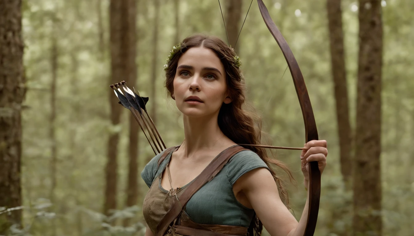 high quality, 8K Ultra HD. In this ethereal image, a beautiful archer is captured in a pale green mist; John Singer Sargent's precision highlights the woman's features, adds an enigmatic, yukisakura depth, stunning in full color,