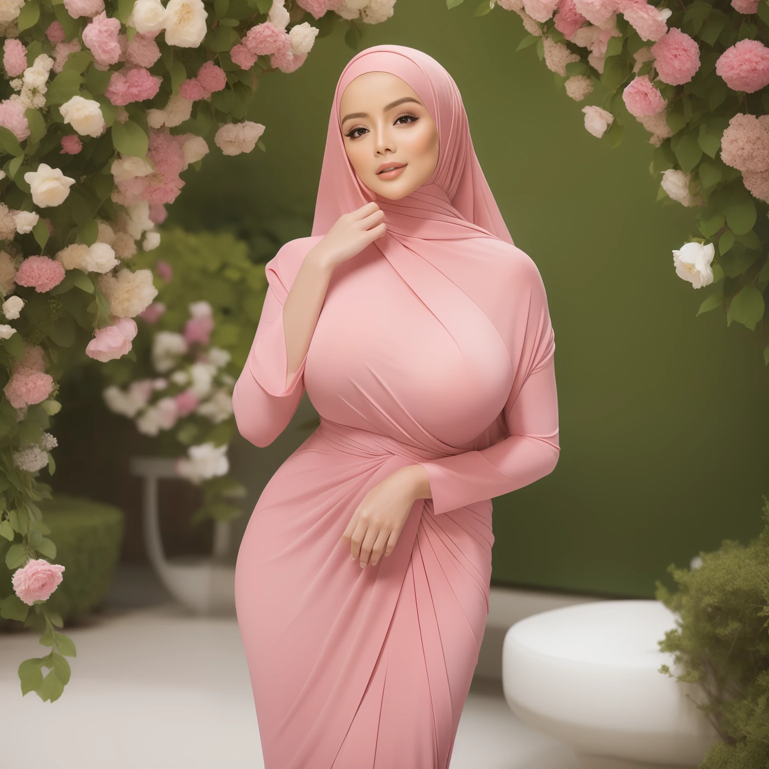 (busty,sexy pose,big breast,busty sexy pose,sexy proportion,fit body shape,elegant,busty figure,busty and beautiful woman,attractive,confident,sexy,charming woman,sexy woman,busty and slim waist,busty with slim waist,curvy body,busty lady) standing in a (beautiful,lush,colorful,vibrant) garden, adorned with (colorful, blooming,fresh) flowers. She has (bright,charming,piercing) eyes that captivate the viewer, complemented by (perfectly-shaped,long,thick) eyelashes. Her (luscious,rosy) lips add a touch of seductiveness to her expression. The woman's (smooth, flawless) skin radiates with a healthy glow, giving her an ethereal appearance.

Her attire accentuates her (feminine,charming) figure, consisting of a (figure-hugging,tight) dress that highlights her curves and accentuates her slim waist. The dress complements her overall image, exuding elegance and sophistication. Her (long,silky) hair gently flows down her shoulders, adding to her allure.

The woman strikes a (provocative,alluring) pose, with one hand on her hip and the other gracefully caressing her hair. Her body language exudes confidence and magnetism, captivating the viewer's attention. She gazes directly at the viewer with a subtle smile, inviting them into her world.

The overall image quality is of (best quality,highres,masterpiece:1.2), showcasing ultra-detailed details. The colors are vivid and vibrant, capturing the essence of the garden's beauty. The lighting highlights the woman's features, accentuating her allure and creating a sense of depth in the image.

This prompt combines the elements of a seductive pose, a busty and slim-waisted woman, and the allure of a beautiful garden setting. It aims to create an image that celebrates the beauty and confidence of the female form, while also capturing the vibrant and enchanting essence of nature.
