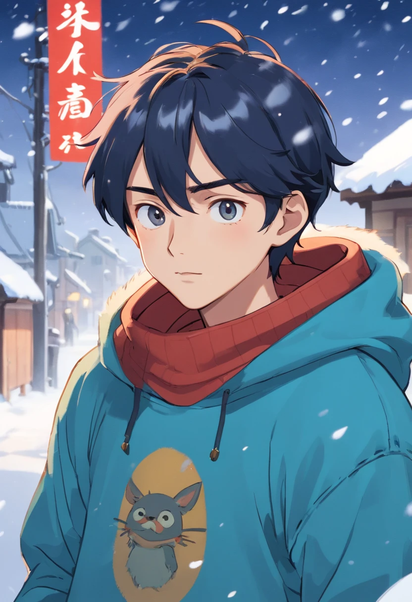 A man in a sweatshirt, standing in the snow, with a straight face, close-up, inspired by Cai Xukun, Shin Jinying, Cheng Yanjun, Ruan Jian, Bian Luan, Jia Ruian
