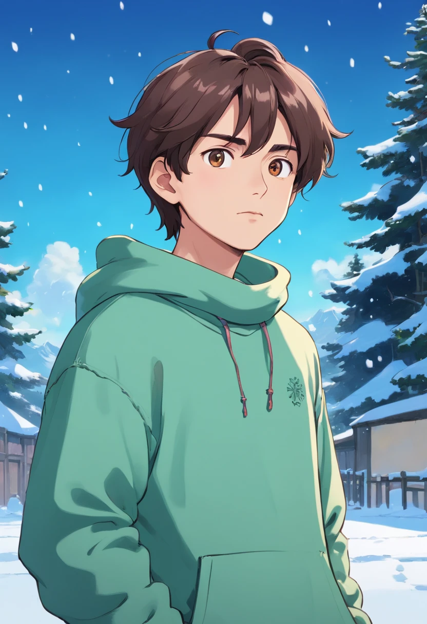 A man in a sweatshirt, standing in the snow, with a straight face, close-up, inspired by Cai Xukun, Shin Jinying, Cheng Yanjun, Ruan Jian, Bian Luan, Jia Ruian