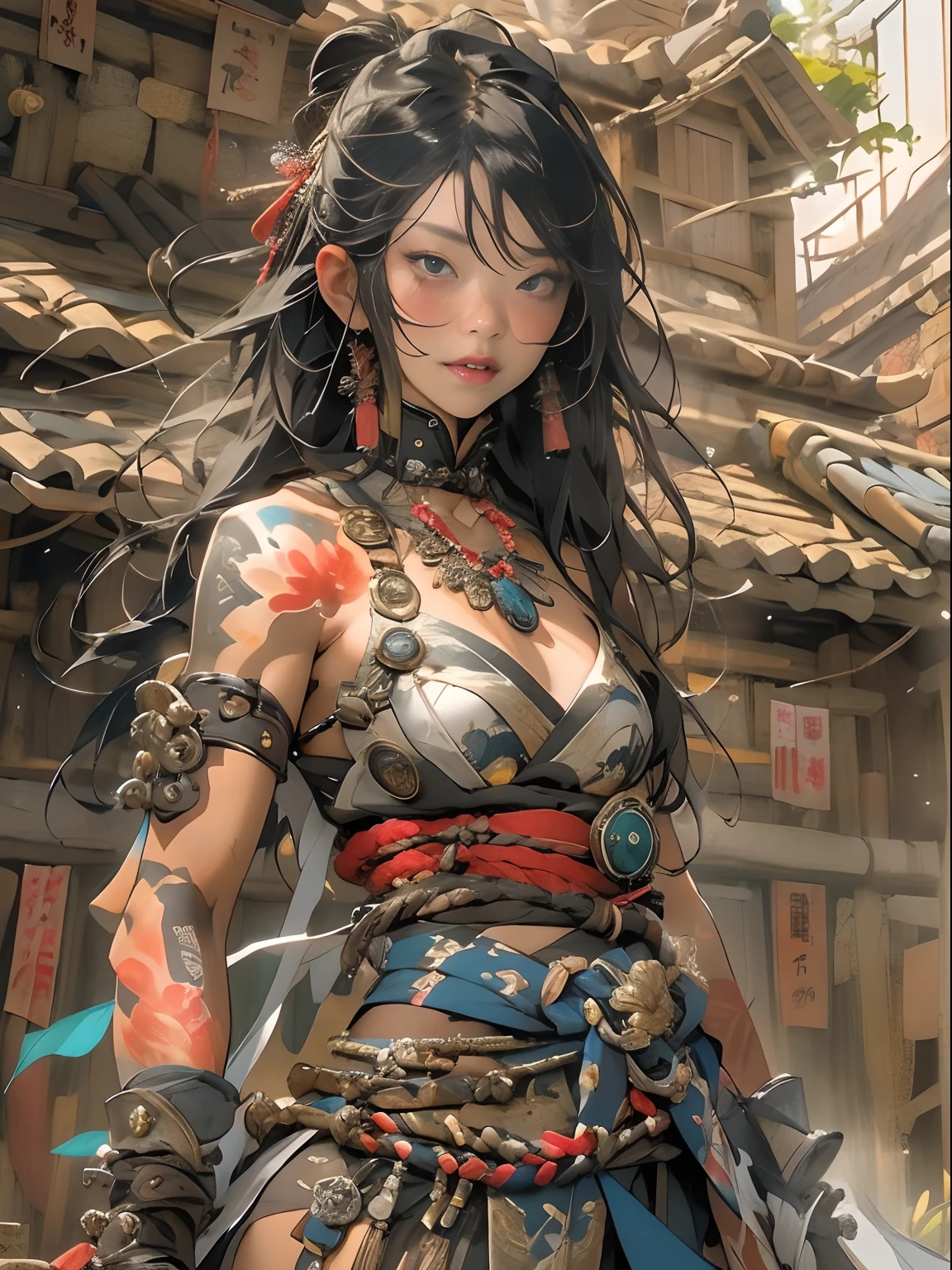 (((woman))), (((best qualityer))), (((tmasterpiece))), (((AS-Adult))), ((( Japanese ))), Look up from your knees, A beautiful asian samurai woman with perfect body, Modern samurai, ((( Asian))), Wear gloves on your hands，The left arm is made of steel and metal tips，Made of protective devices, The eyes are pulled, (( Appears below the breast )), (( Small dental floss )), Simon Bisley, Almost naked（Simon Bisley）Castle City Wilderness，For high-resolution posters, hair straight, Minimum clothing, armure (Crazy clothes ), Full of tips and rivets, tribal tattoos, (((full bodyesbian))), Straight brunette hair，Colored hair ends