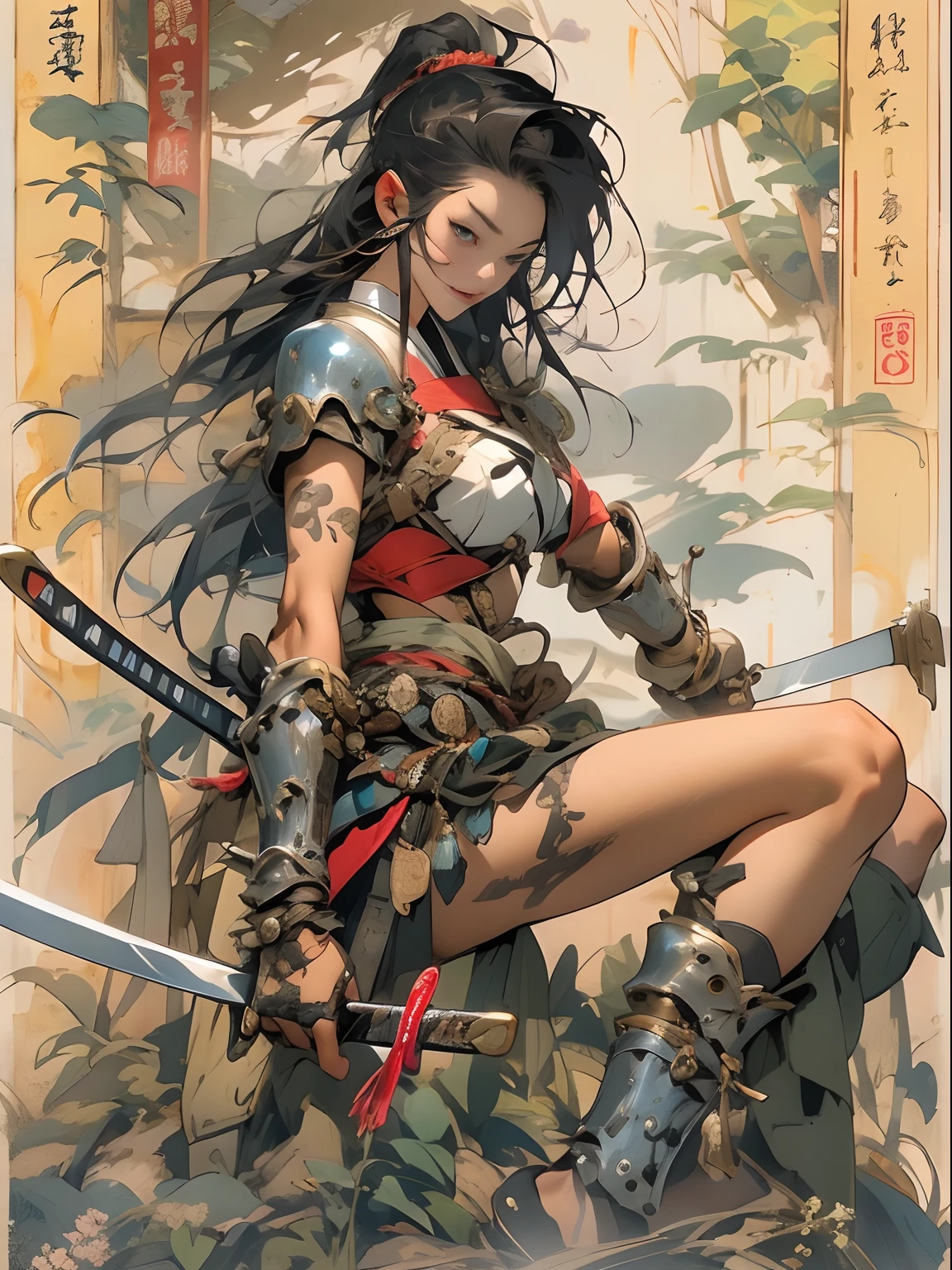 (((woman))), (((best qualityer))), (((tmasterpiece))), (((AS-Adult))), ((( Japanese ))), Look up from your knees, A beautiful asian samurai woman with perfect body, Modern samurai, ((( Asian))), Wear gloves on your hands，The left arm is made of steel and metal tips，Made of protective devices, The eyes are pulled, (( Appears below the breast )), (( Small dental floss )), Simon Bisley, Almost naked（Simon Bisley）Castle City Wilderness，For high-resolution posters, hair straight, Minimum clothing, armure (Crazy clothes ), Full of tips and rivets, tribal tattoos, (((full bodyesbian))), Straight brunette hair，Colored hair ends
