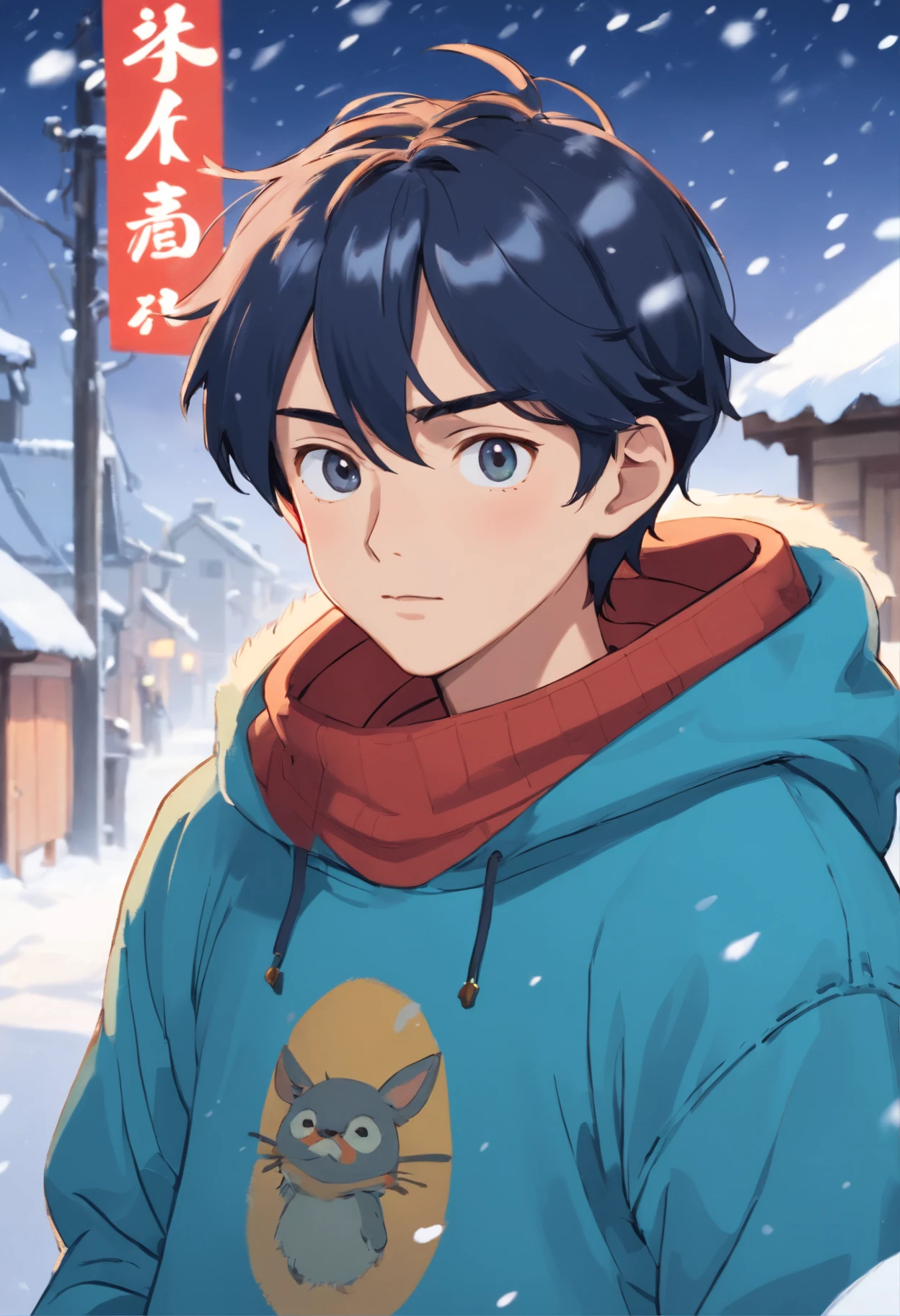 A man in a sweatshirt, standing in the snow, with a straight face, close-up, inspired by Cai Xukun, Shin Jinying, Cheng Yanjun, Ruan Jian, Bian Luan, Jia Ruian