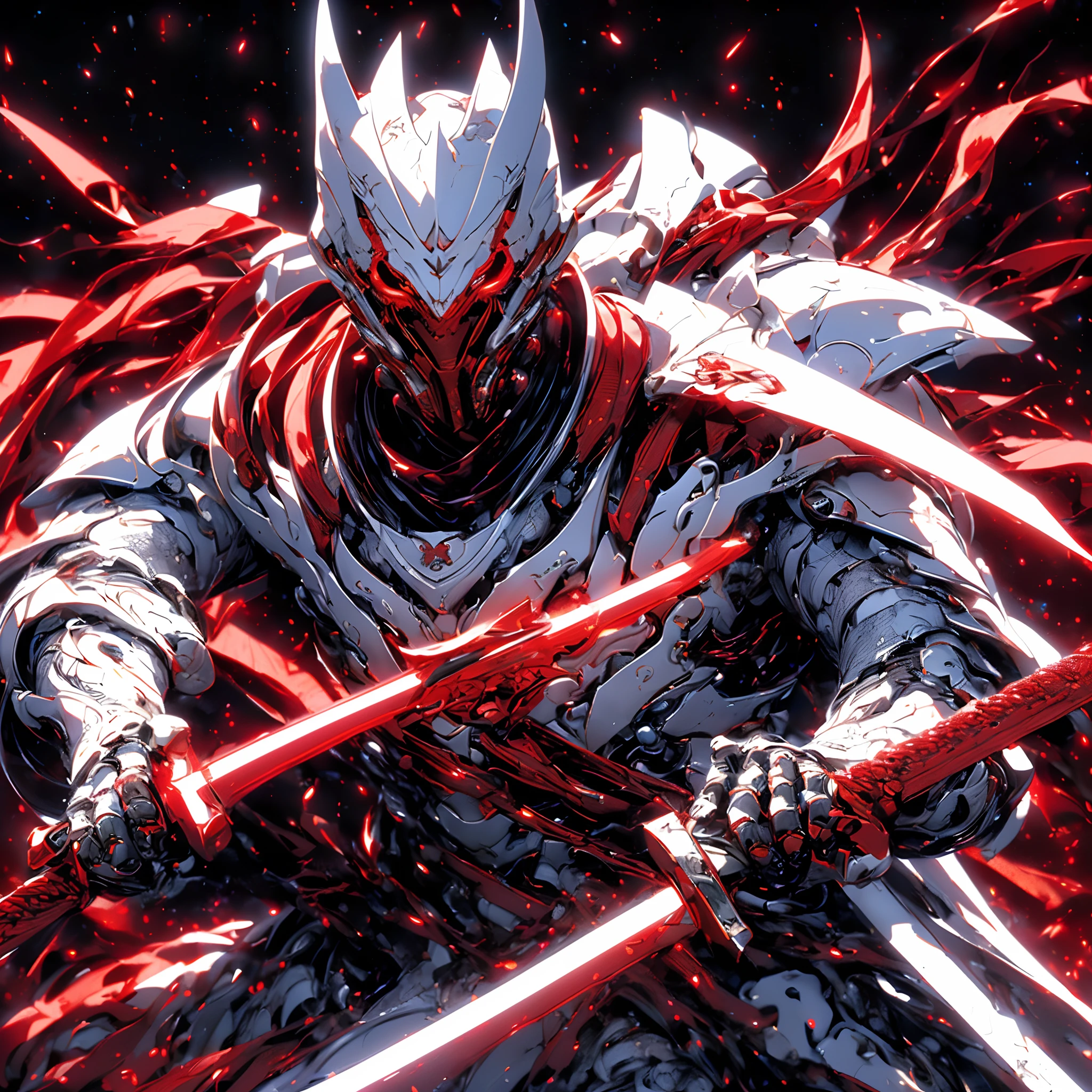 Super realistic, hyper realistic, super detailed, (cybersamurai, 1boy, ((solo)), holding red weapon, wearing white armor and mask, cape, glowing beautiful red eyes, glow:1.3) (glowing simple black background:1.25),