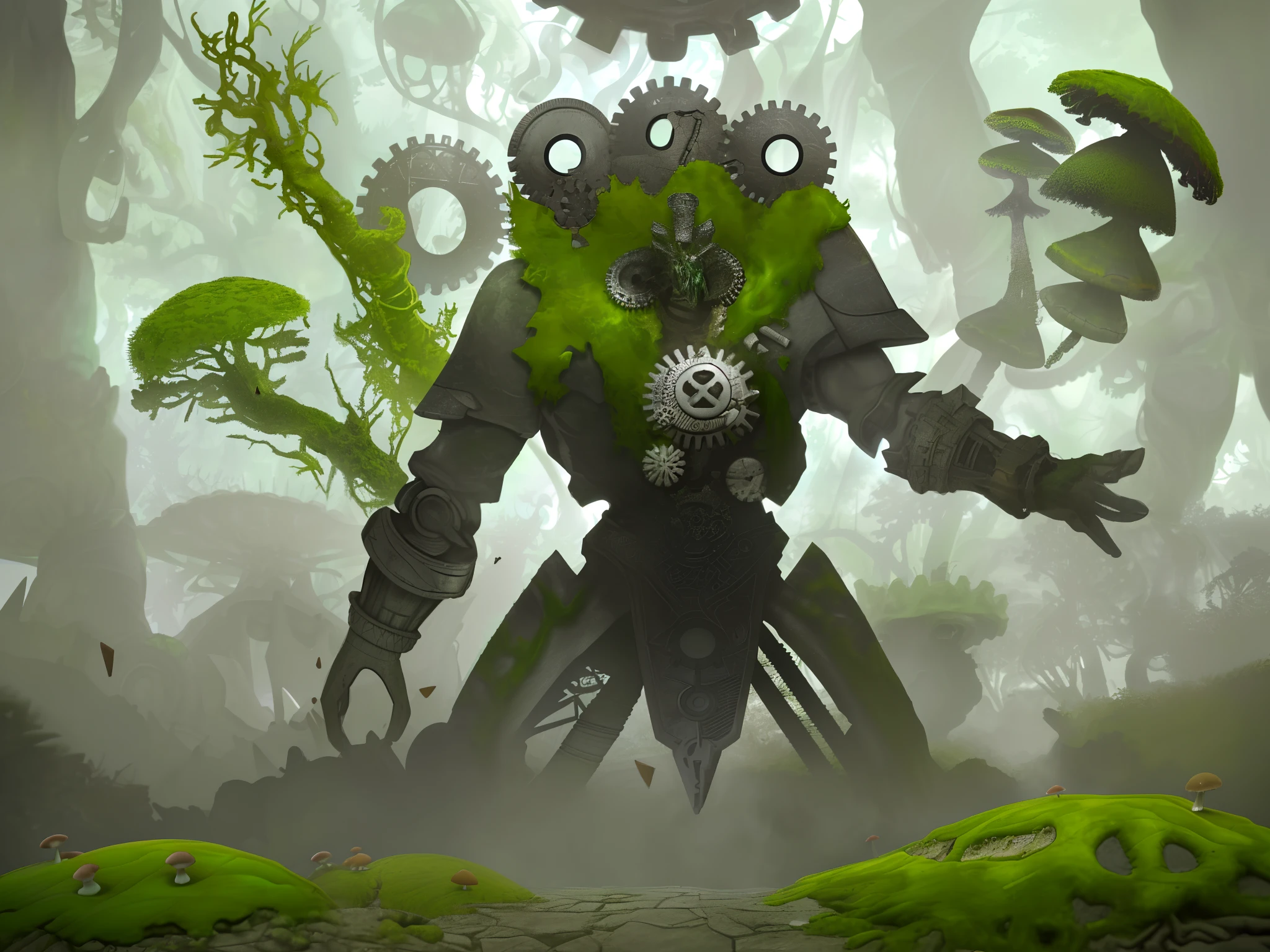 Huge robot,The upper part of the body,Unicorn,(The design refers to the tribal totem style:1.3),(There are gears in the body,Skillfully displayed inside the broken armor:1.3),(//The display screen on the head is designed in a glass painted style:1.3//),Obvious contrast between high and low,This robot is half a body taller than a tree,(It's a magic-style machine,Stony shell:1.3),(There is green moss at the joints:1.3),BREAK!,Dense woods,Huge trees and mushrooms,Gray stones and wildflowers growing in cracks in the stones