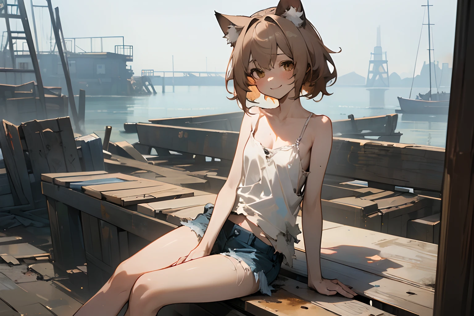 ((Masterpiece)), 8K, cinematic lighting, very messy hair,(Sitting on the old pier), (exposed breast, badly tattered and torn dirty oversized white-camisole, Slender small breasts, big smile), slum townscape, Textured skin, cat ears, pale brown hair, Cute Beautiful girl
