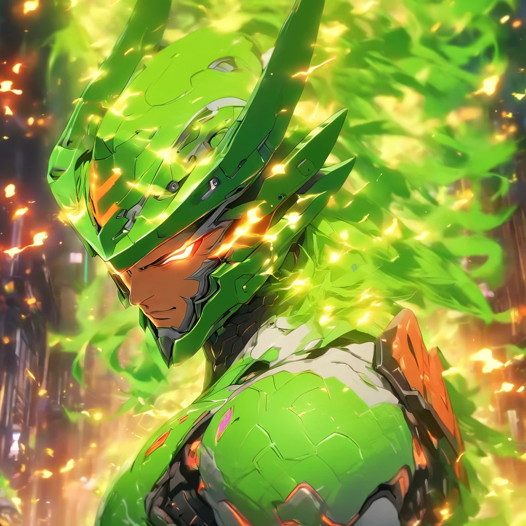 "Genji, standing alone, with a portrait focus, wearing a cyborg visor and helmet, surrounded by vibrant green energy. A majestic Easter dragon looms in the background, creating a stunning contrast with deep colors. Ensure the best quality in the artwork."