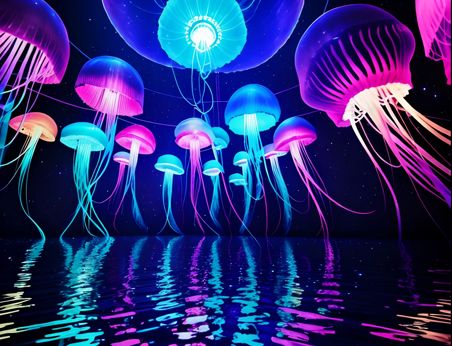 A Photograph of a neon-lit jellyfish ballet, floating through a cosmic dreamscape in mirrored reflection, creating an ethereal, otherworldly symphony.