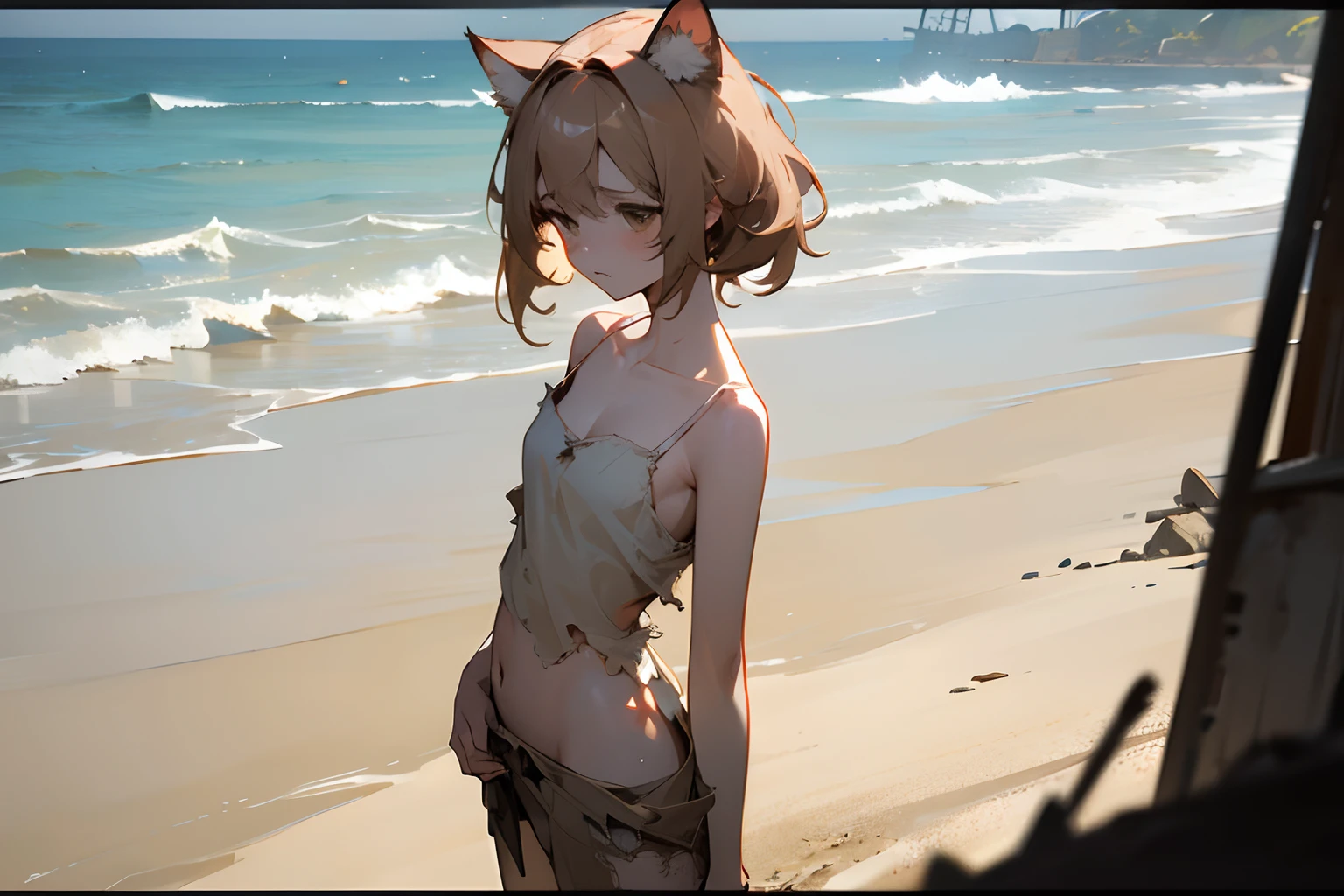 ((Masterpiece)), 8K, cinematic lighting, very messy hair,(stand at the Shallow sandy beach), (exposed breast, badly tattered and torn dirty oversized white-camisole, Slender small breasts, prayingfor you), slum townscape, Textured skin, cat ears, pale brown hair, Cute Beautiful girl